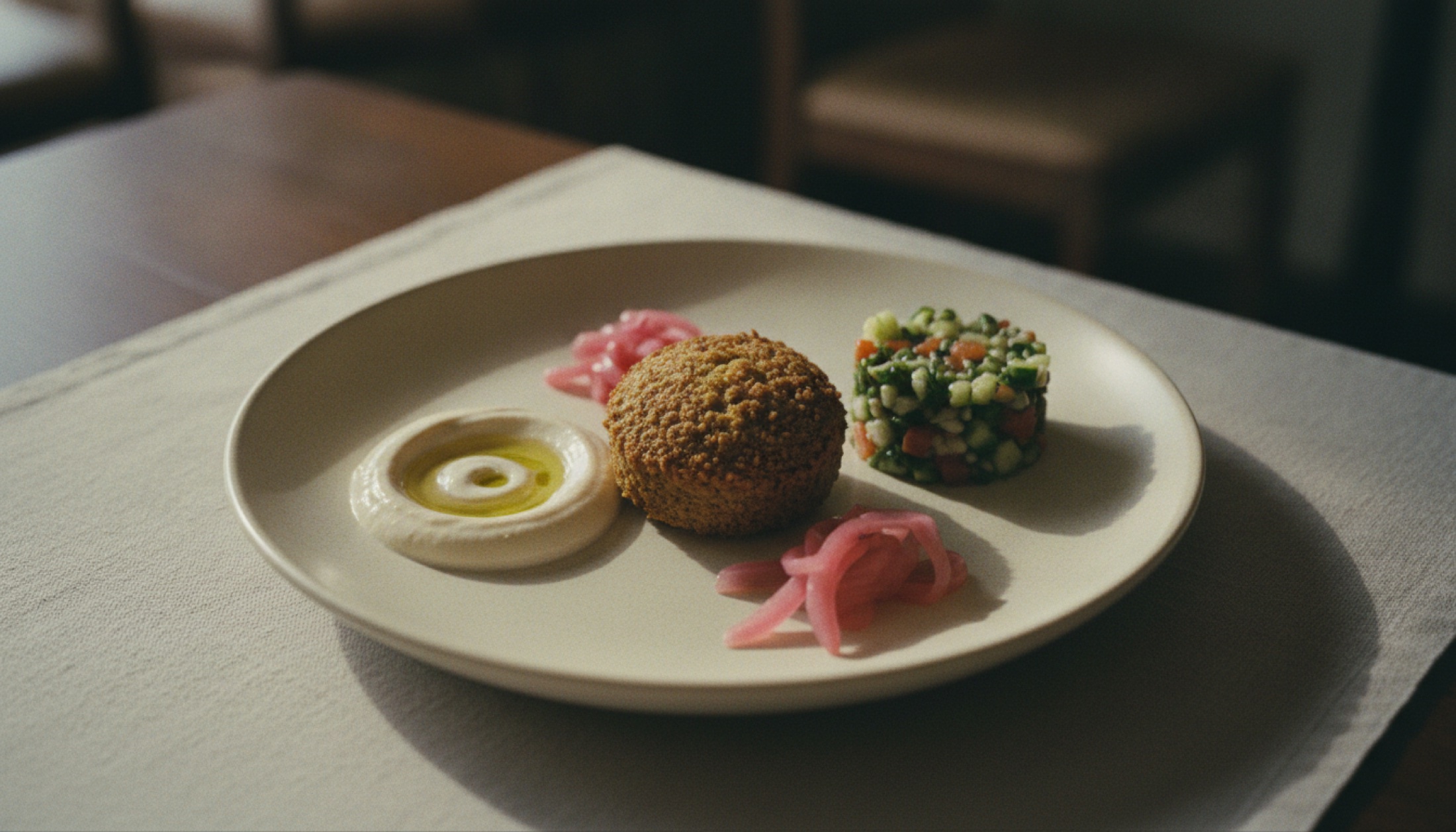 Mutra'nın imza tabağı: tek falafel kroqueti, tahini ve turşulanmış soğanla