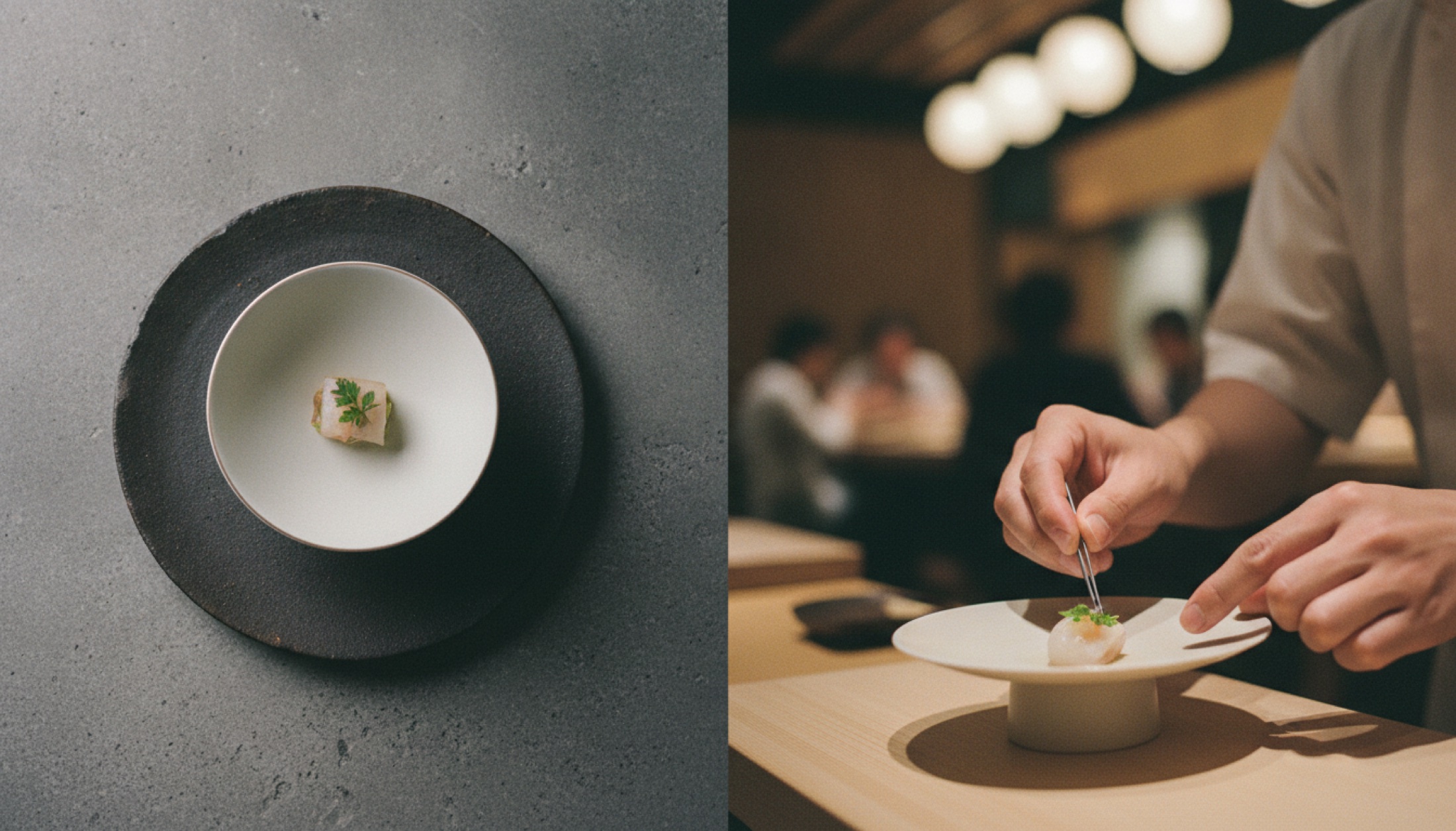 Minimalist Japon degustasyon menüsünden tek bir tabak; açık seramik, derin negatif alan ve yumuşak ışık