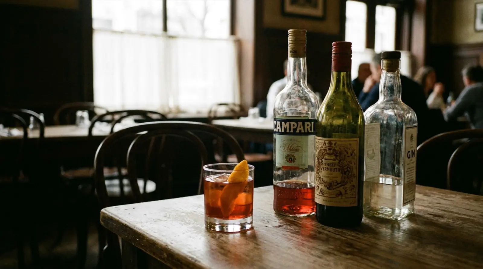 Turuncu portakal dilimiyle süslenmiş kırmızı Negroni kokteyli, buz dolu kayadan kütük bardakta