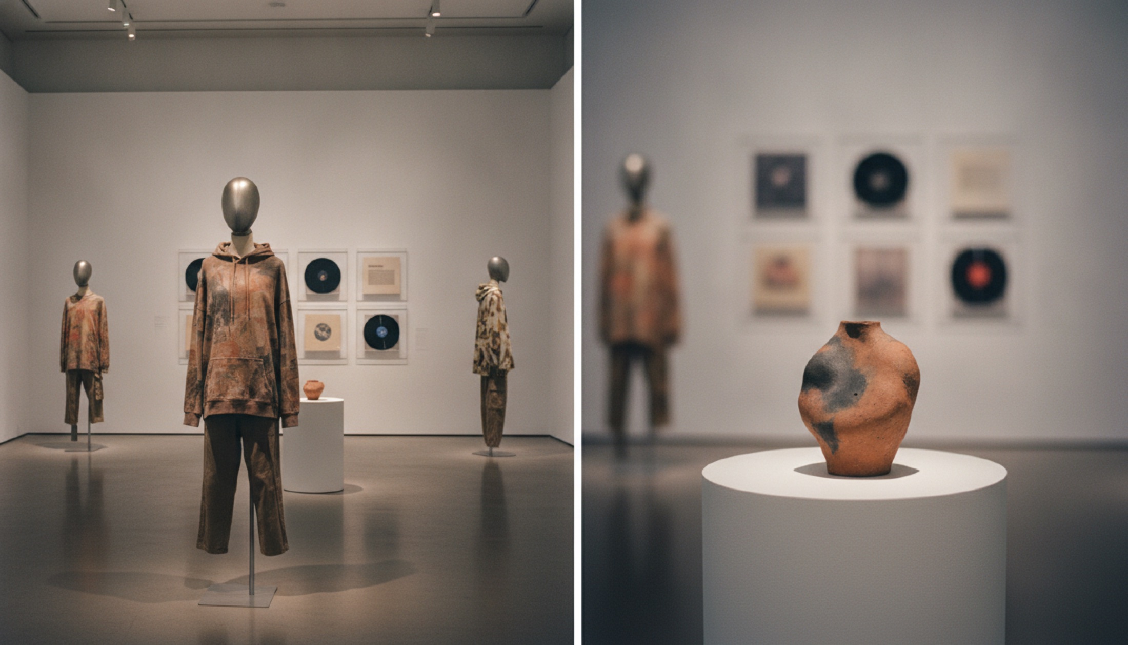 Design Museum Londra'da NIGO retrospektifi — giysi ve müzik arşivi sergi mekânı genel görünümü,NIGO'nun el yapımı seramiklerinden biri — müze pedestalında yakın çekim, mat sır ve organik form