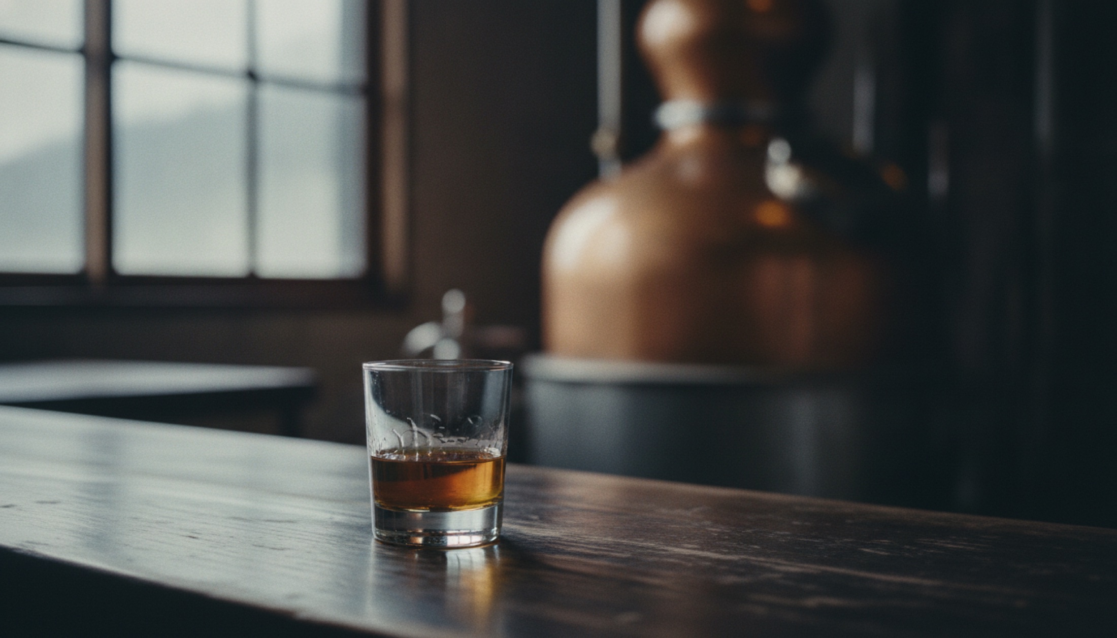 Yoichi damıtmaevinde ahşap tezgâh üzerinde amber renkli viski kadehi, arka planda bakır pot still