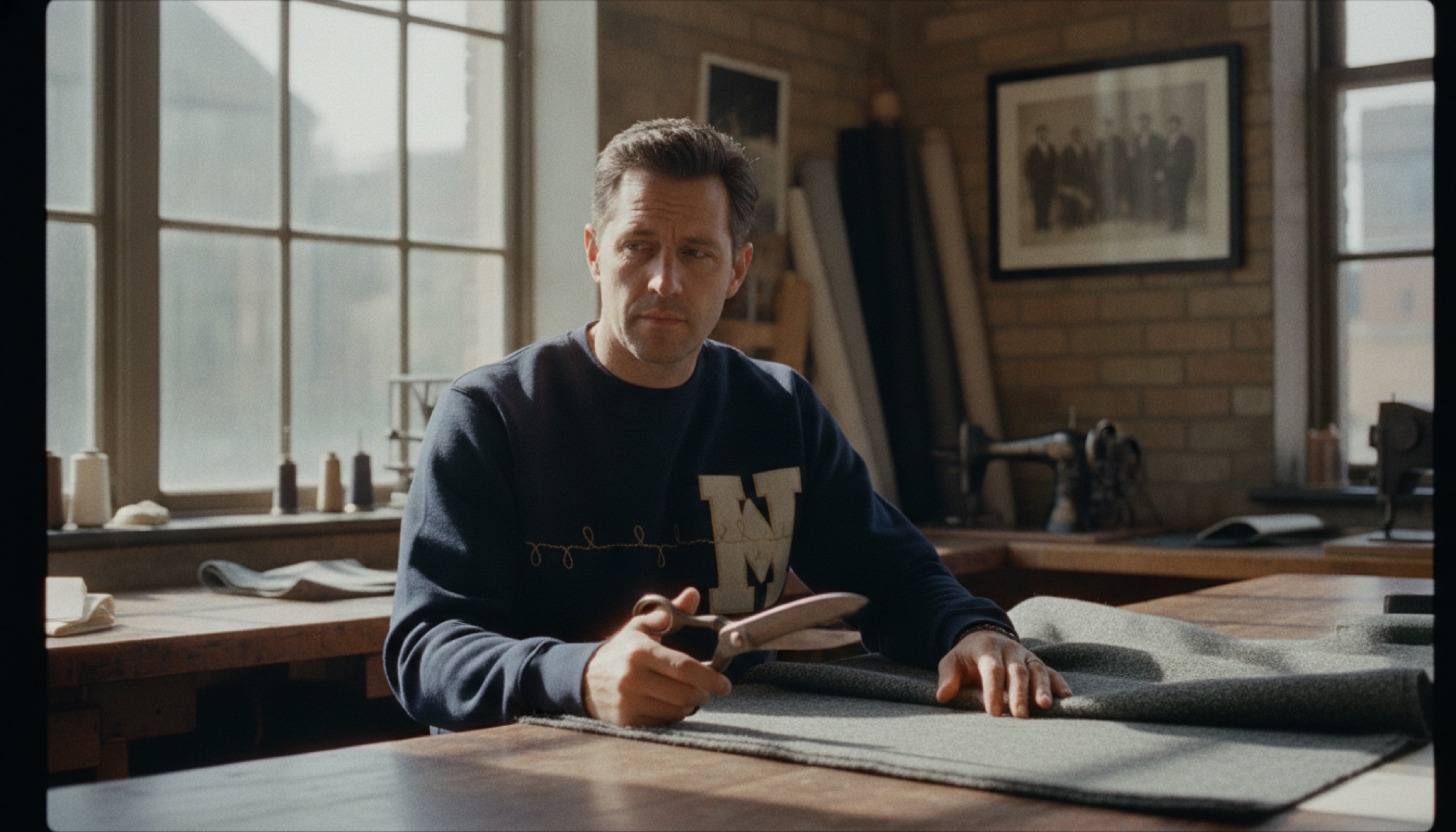 Koyu renk varsity sweatshirt, terzi masasında mezura ve tebeşir yanına katlanmış halde