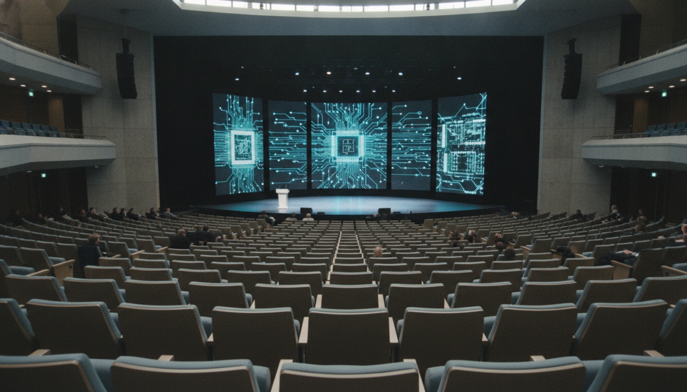 Taipei Müzik Merkezi'nde Computex 2026 keynote salonu — ekranda mimari slaytlar, uzakta oturan kalabalık siluetleri