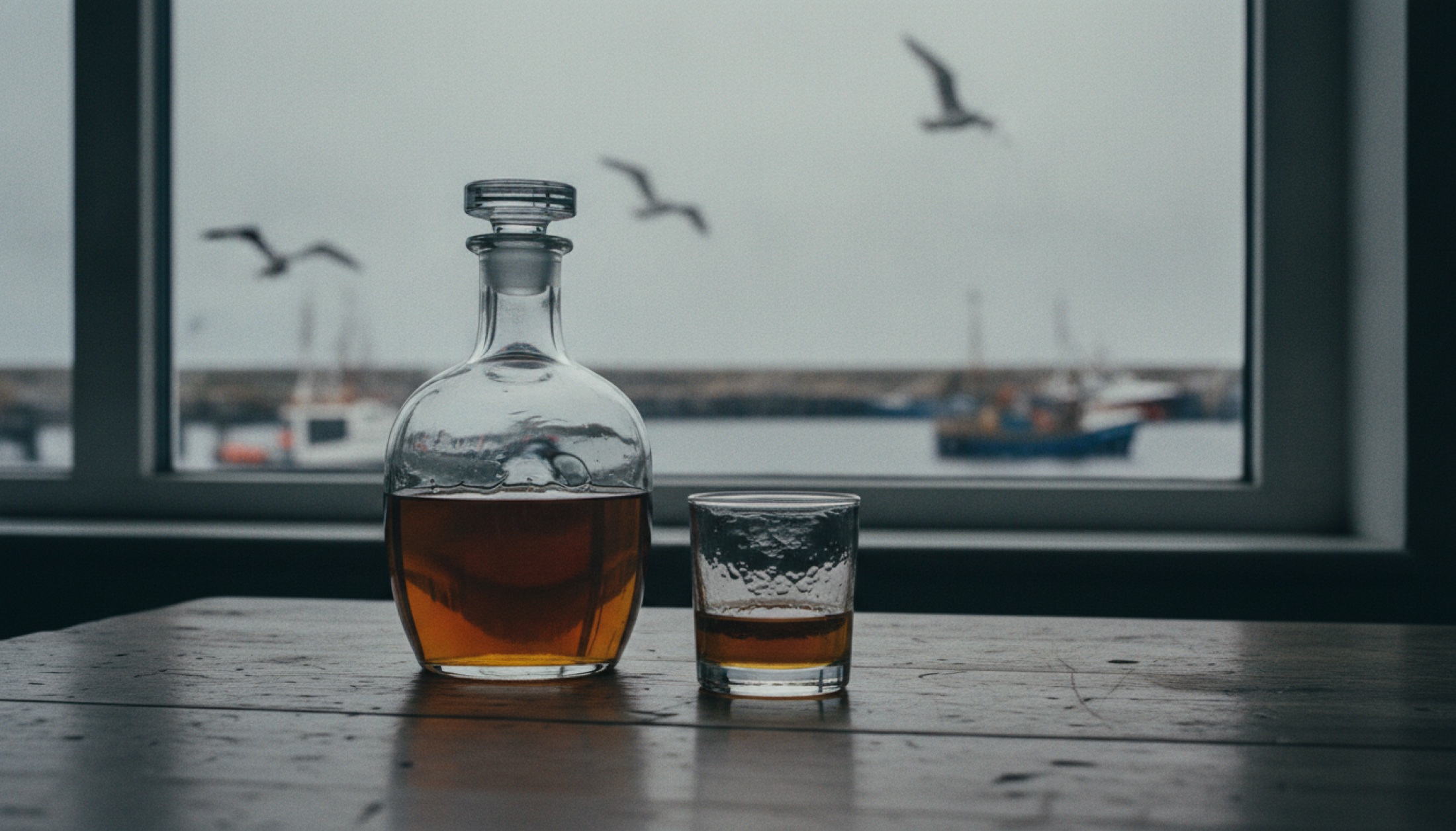 El üflemeli kristal karafta elli yıllık single malt, Kuzey İskoçya liman ışığında