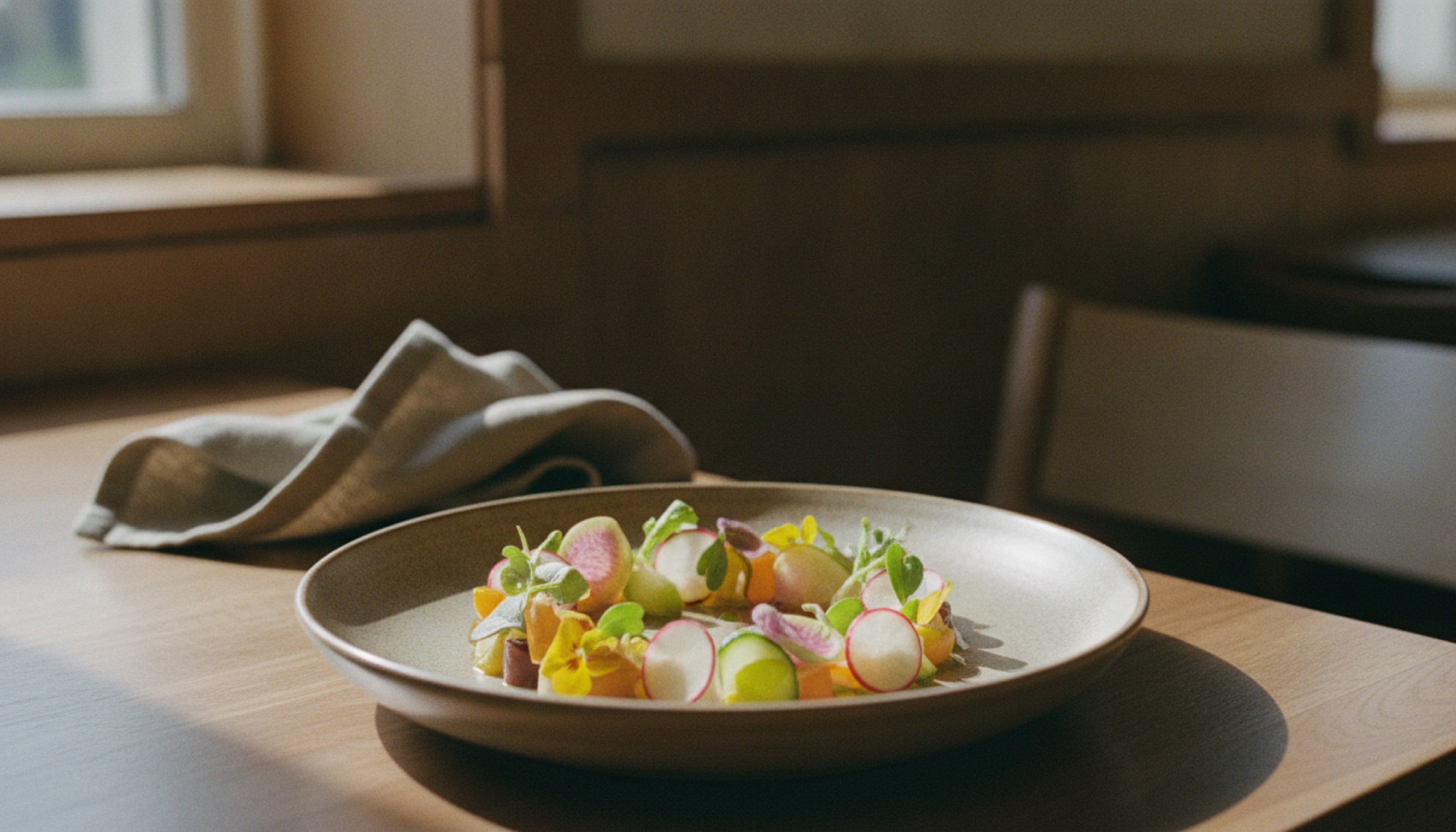 Oyatte restoranında Crown Daisy Farm'dan gelen mevsimlik sebzelerle hazırlanmış bir tasting menu tabağı