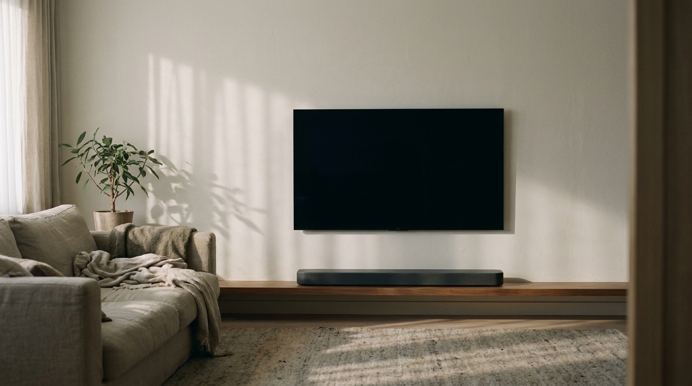 Sony'nin yeni BRAVIA TV'si ve soundbar'ı minimalist bir oturma odasında, duvarda gölgeler oynuyor.