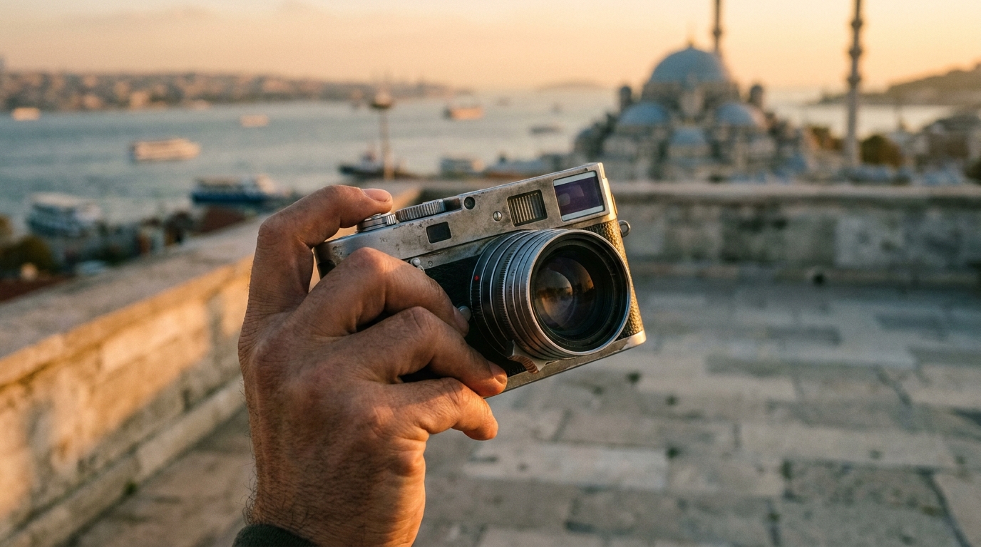 Bir Leica M12 prototipi, bir mimarın elinde, İstanbul'da bir terasta, yaz akşamı ışığında.
