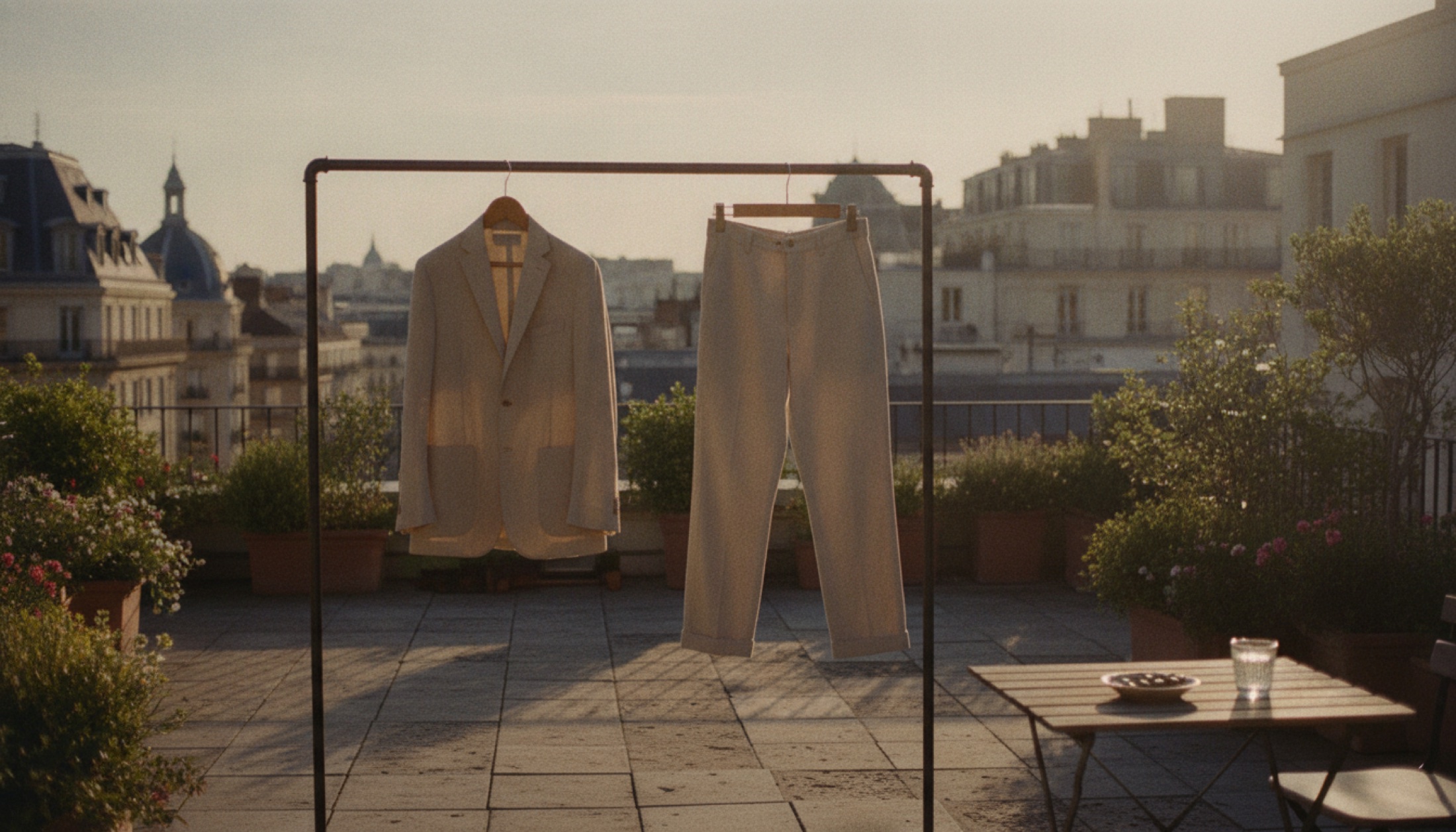 Milano çatı terasında golden-hour ışığında askıdaki keten blazer — Pal Zileri SS27 sunumu.