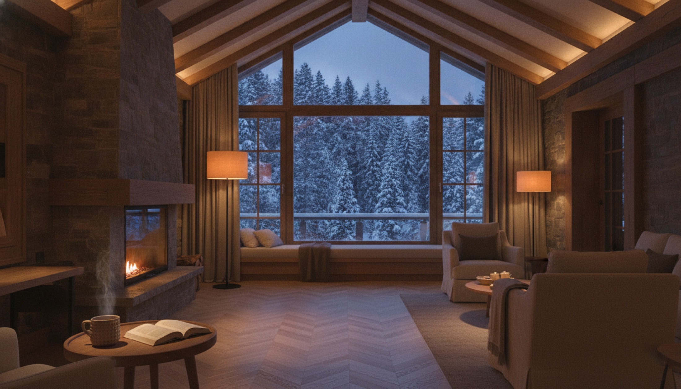 Gstaad'daki dağ süiti içi alacakaranlıkta: parke zemin, yan masa, geniş pencereden çam ormanı görünümü
