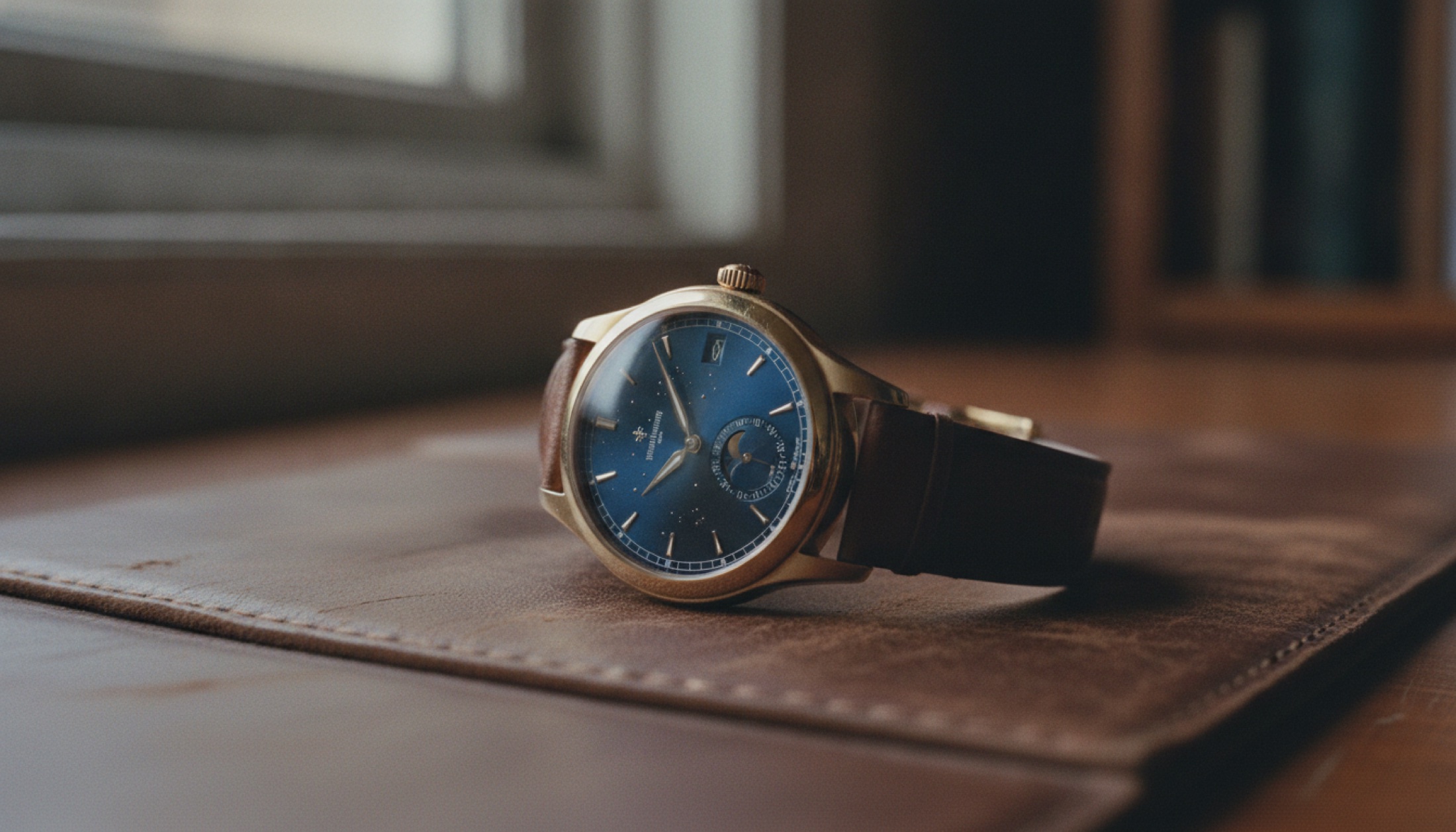 Patek Philippe Celestial 6105G beyaz altın kasa, gece mavisi planisfer kadran, sabah ışığında masada