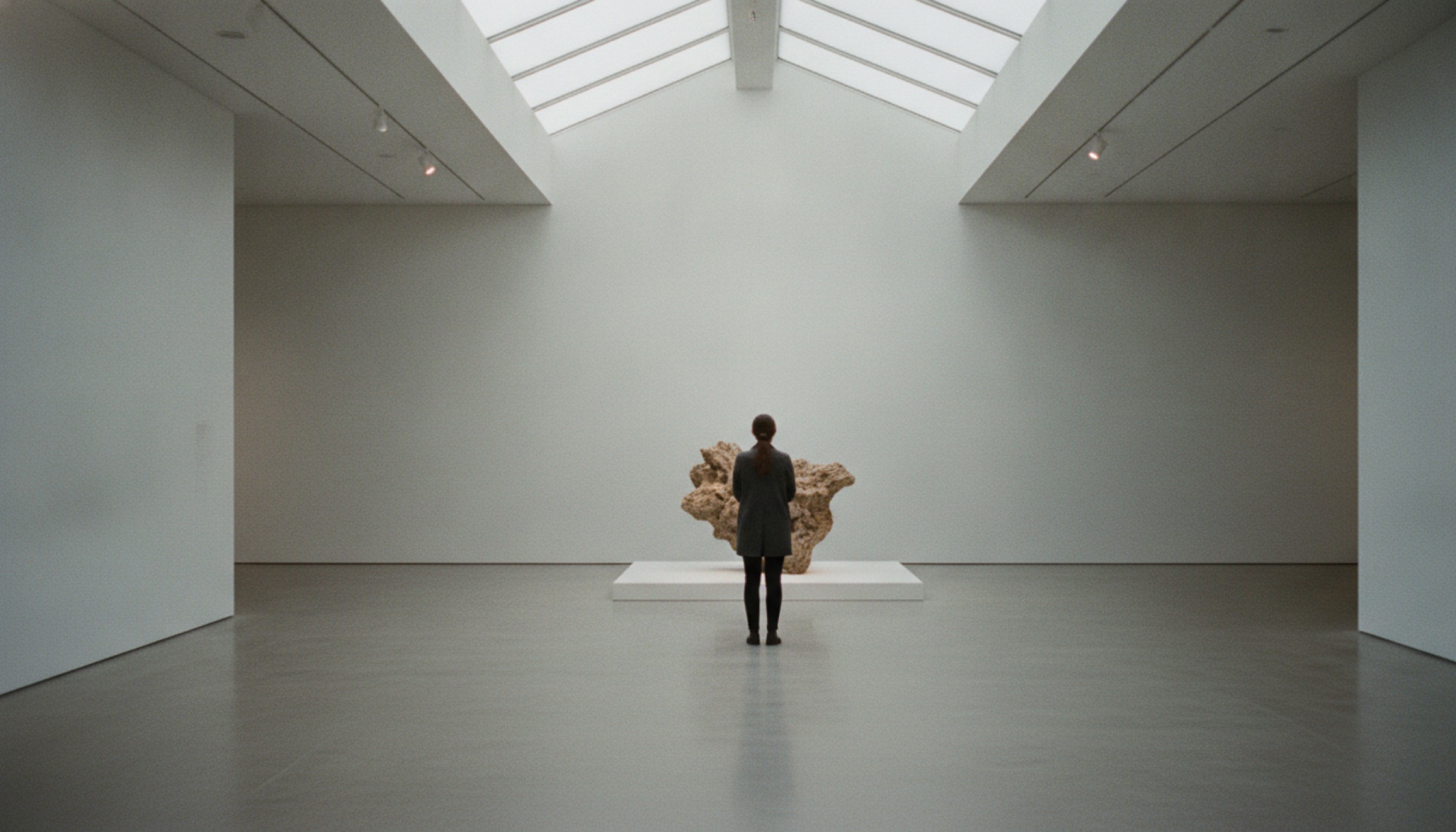 Fondation Beyeler galerisinde Pierre Huyghe sergisinden bir oda, ziyaretçi ortada durmuş