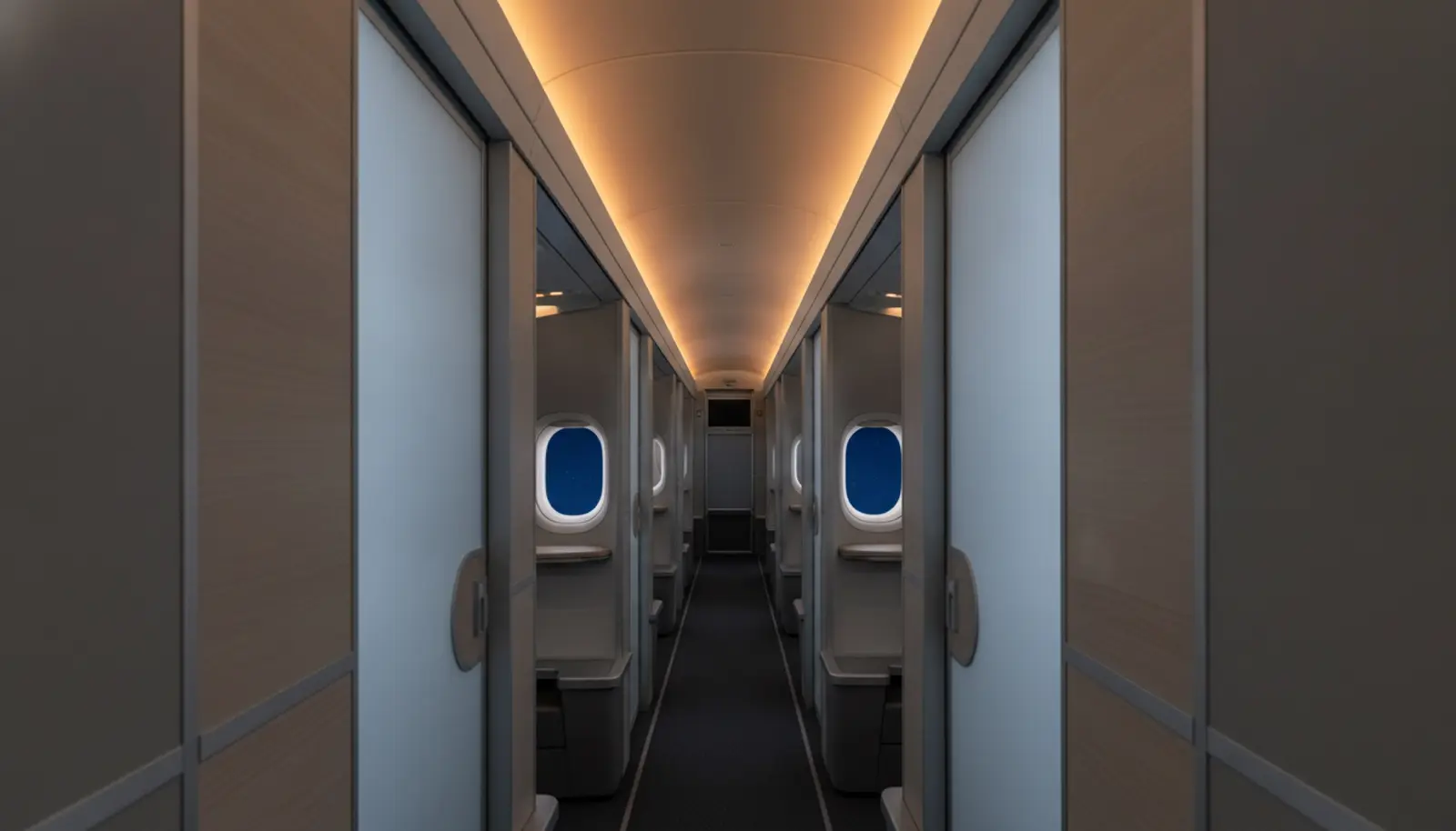 Geniş gövdeli yolcu uçağı iç mekânı: First Class süit koridoru, kapalı süit kapısı ve gece uçuşuna ait mavi-amber ışık atmosferi
