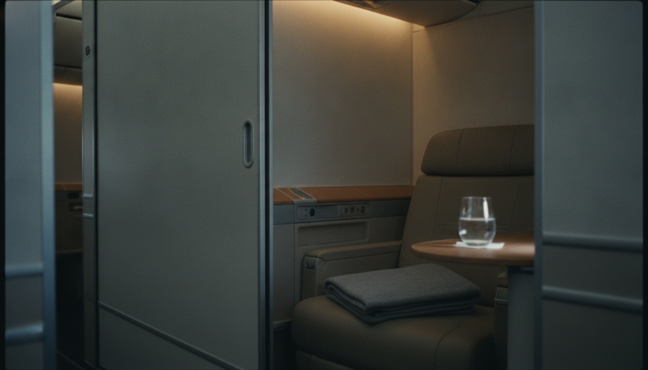Kapalı kapılı bir uçak business class süiti: dolaylı tavan ışığı, katlanmış battaniye, yan masada su bardağı