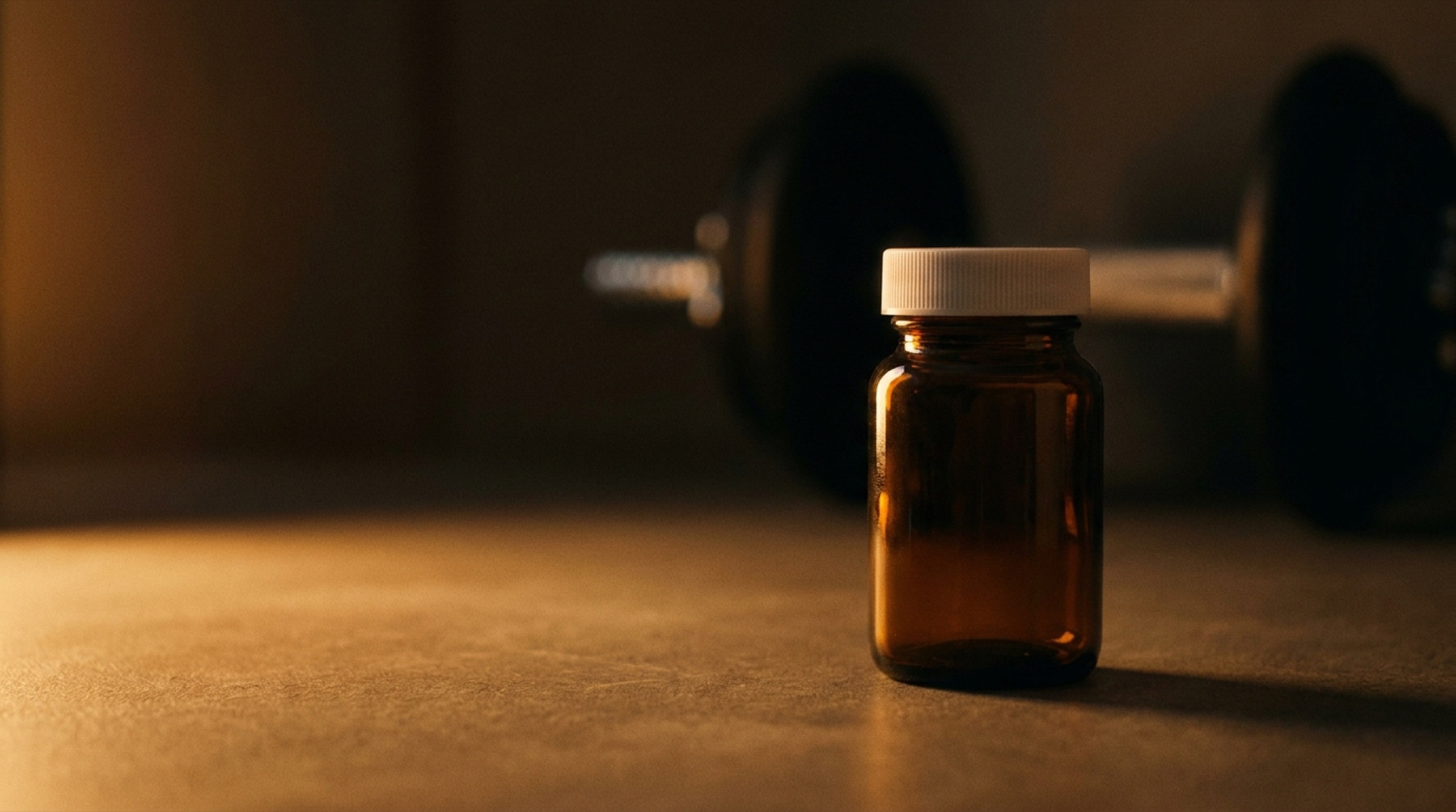 Loş bir laboratuvar tezgâhında amber ışık altında duran kapaklı ilaç şişesi, arkada bulanık dumbbell silueti