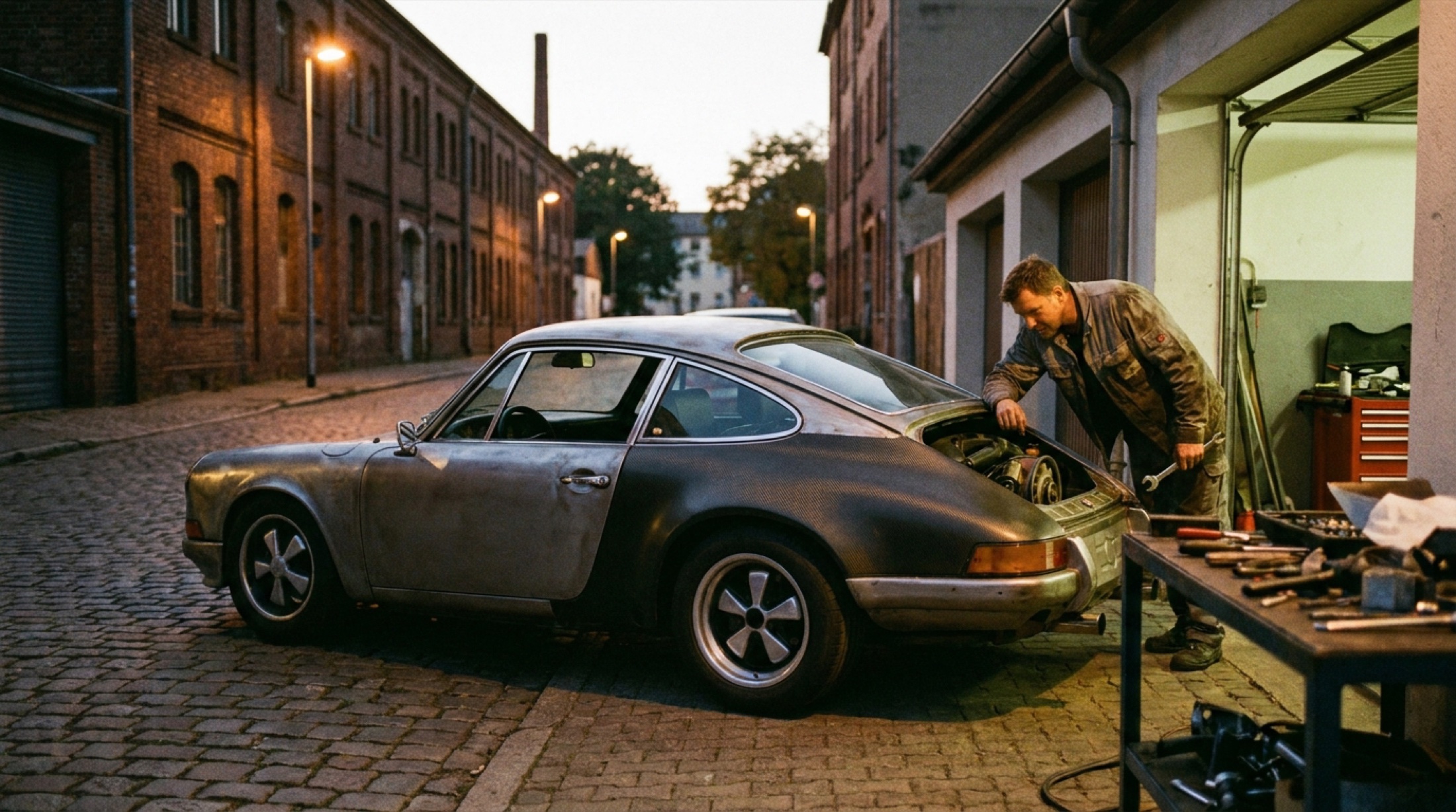 Restomod Porsche 911 kapı tutamağı ve kapı kenarı, çelik panel ve bakır çerçeve detayı