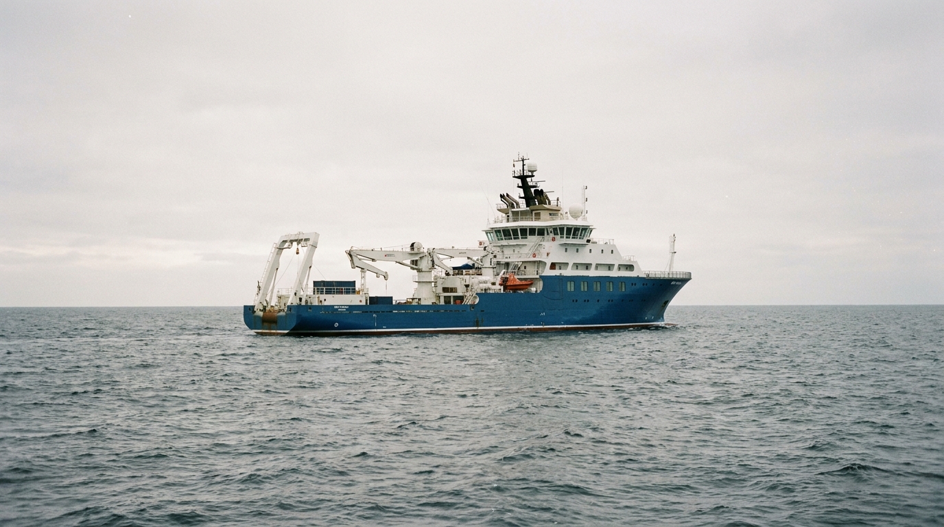 REV Ocean süperyatının denizde seyir halindeyken çekilmiş geniş açılı fotoğrafı; ufuk çizgisiyle bütünleşen sade dış hatları ve araştırma ekipmanlarını taşıyan güvertesi görülüyor.