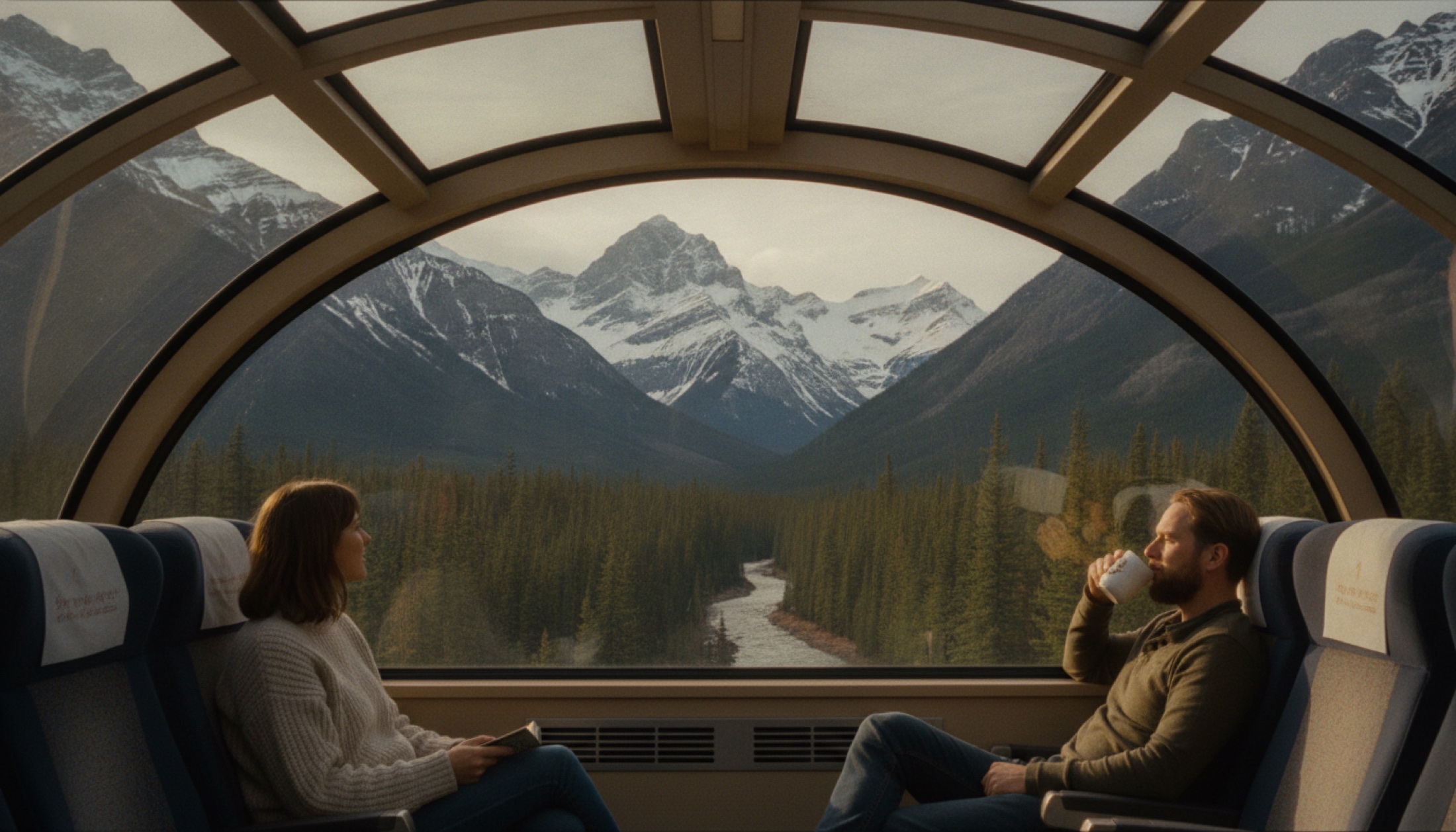 Rocky Mountaineer'ın cam kubbeli vagonundan Kanada Kayalıkları'nın sabah ışığındaki karlı zirveleri ve vadi manzarası