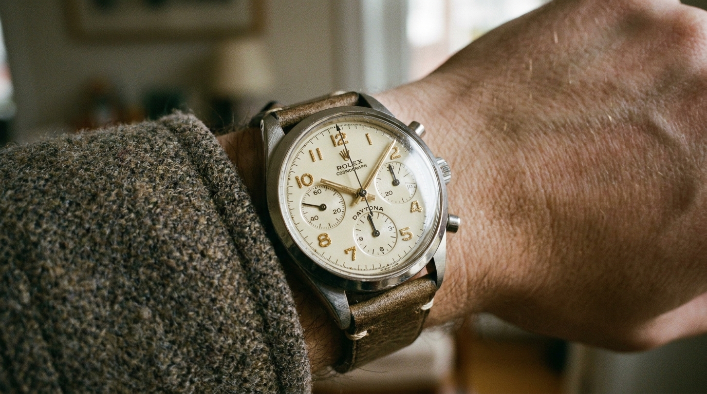Rolex Cosmograph Daytona'nın Grand Feu emaye kadran detayı; fırınlanmış camın derin parlaklığı ve altın tozuyla işlenmiş rakamlar.