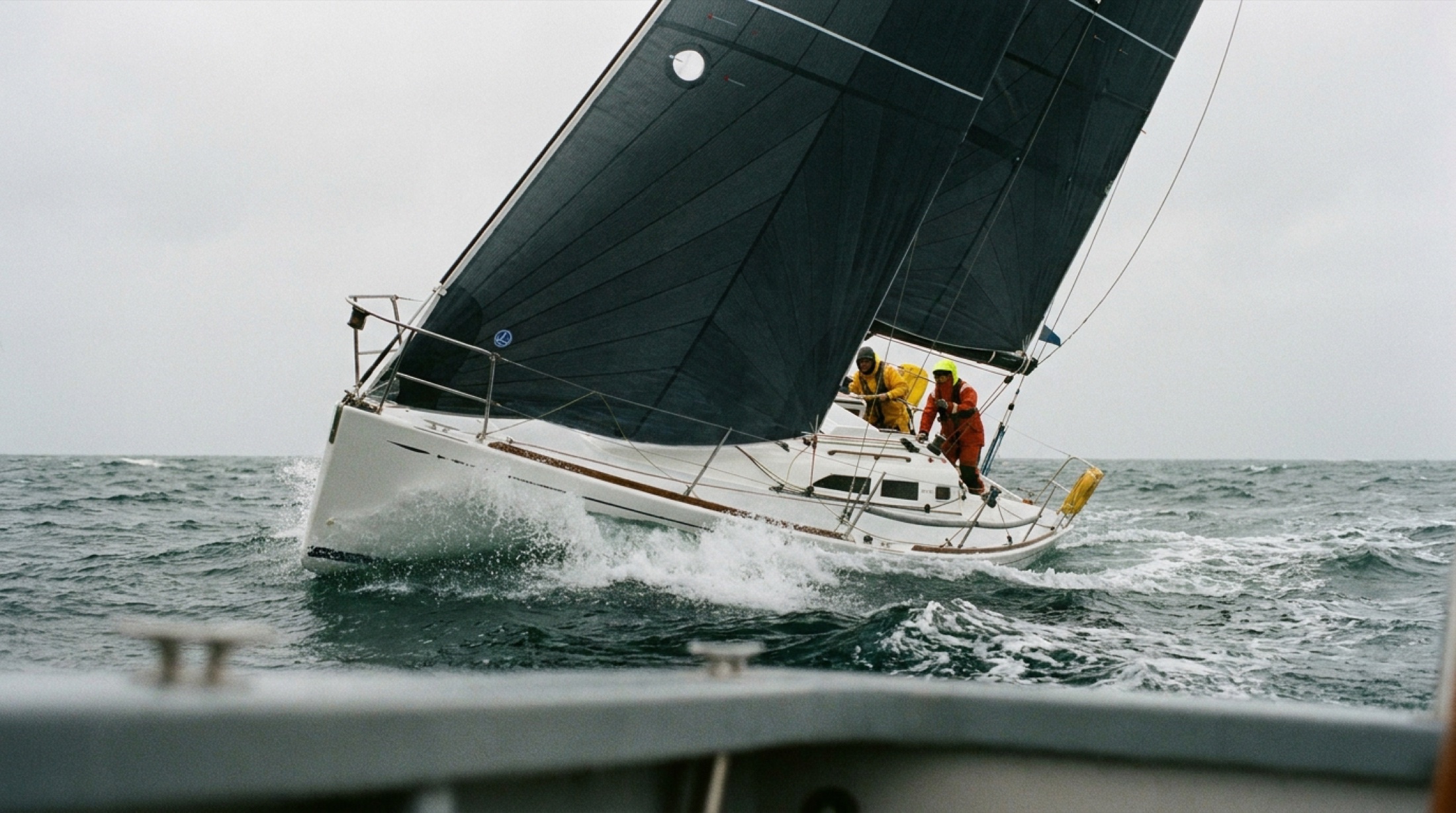 JPK 1050 Léon yelkenlisi Fastnet rotasında rüzgâra yaslı, Atlantik dalgaları arasında iki kişilik mürettebatla