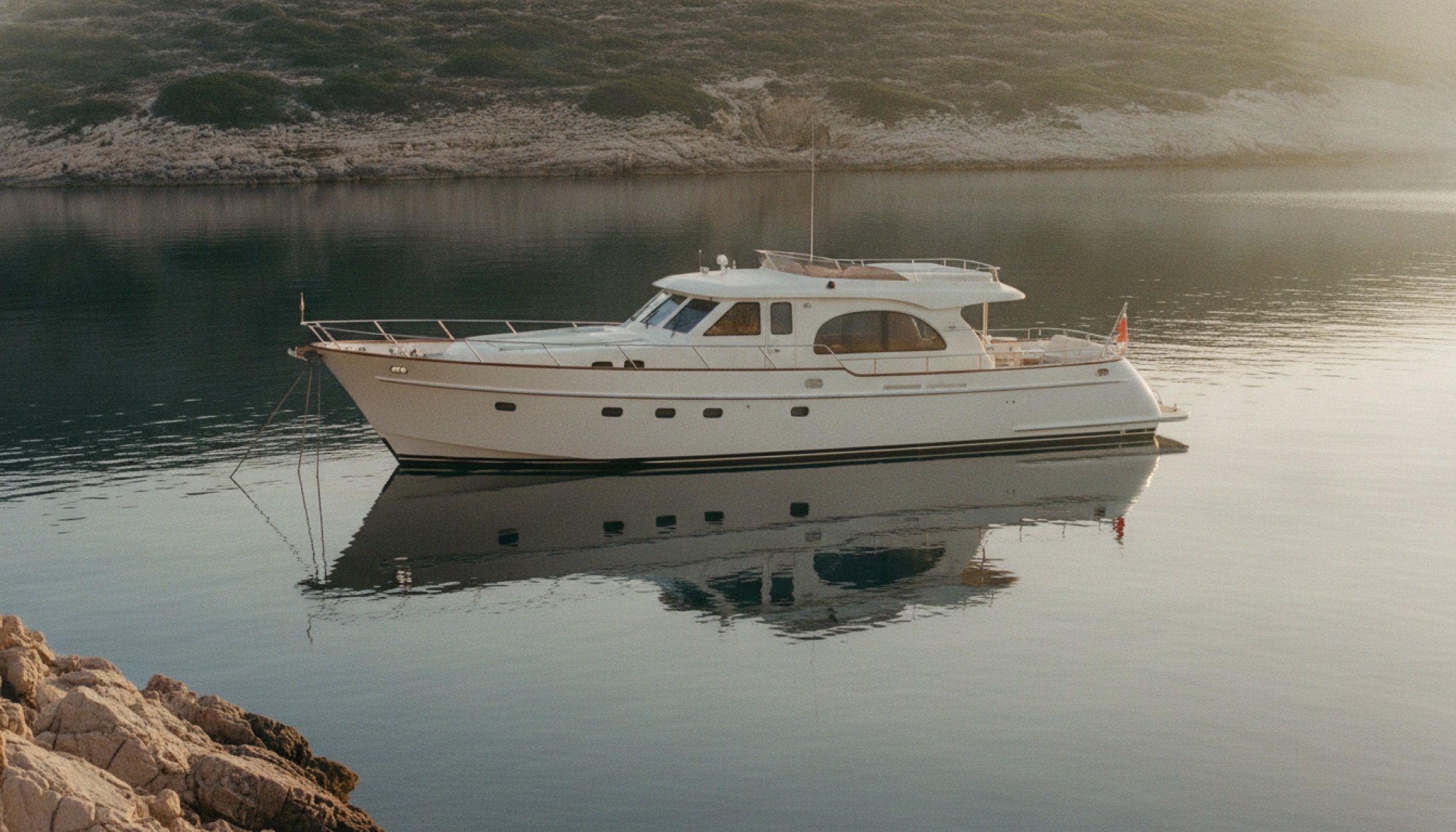 Sanlorenzo SHE Heritage — 26 metrelik hibrit motor yat, beyaz krem hatlar, Akdeniz koyunda sabah ışığı