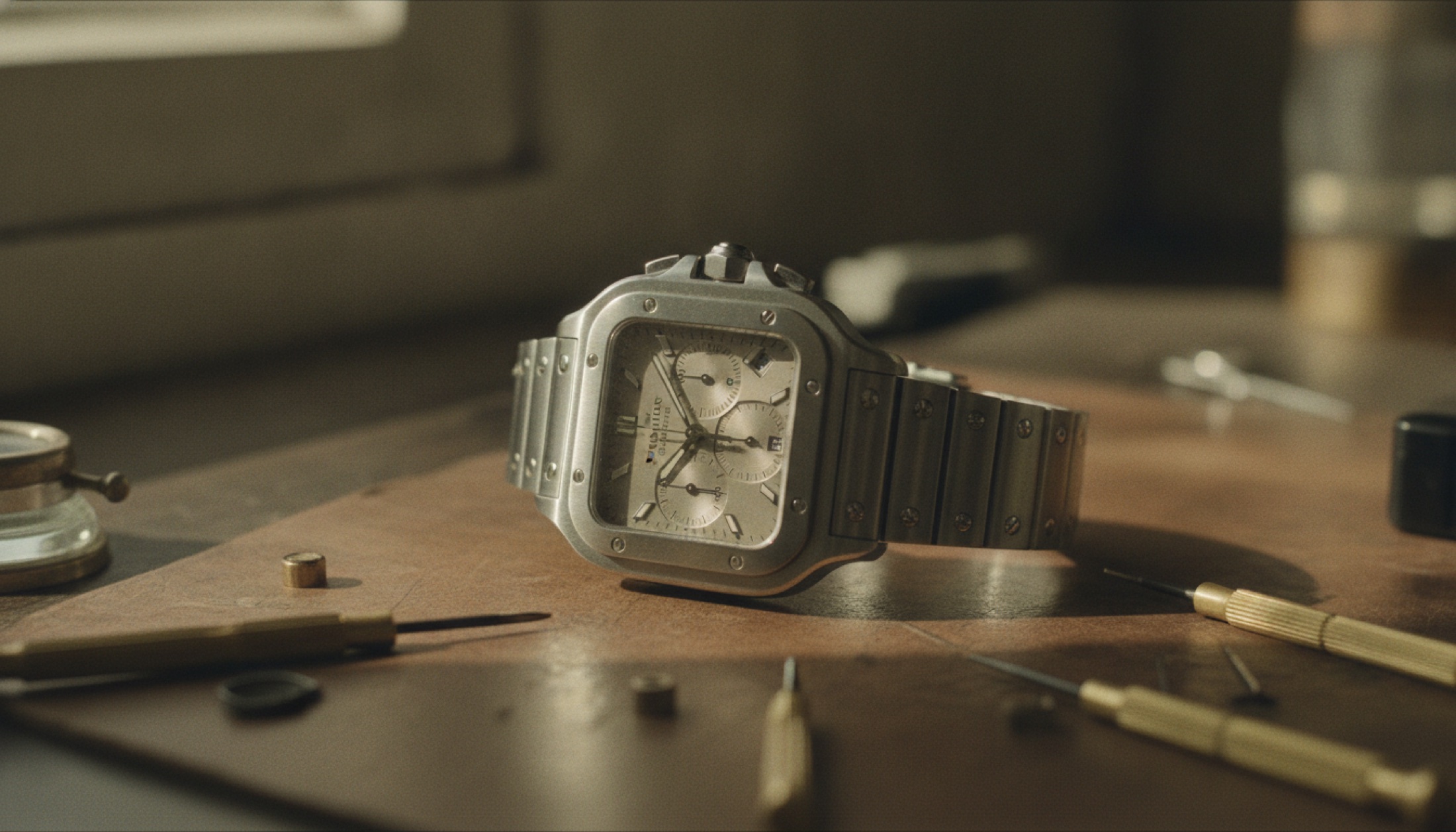 Santos de Cartier Chronograph 2026 çelik modeli, saatçi tezgâhında tricompax kadran detayıyla