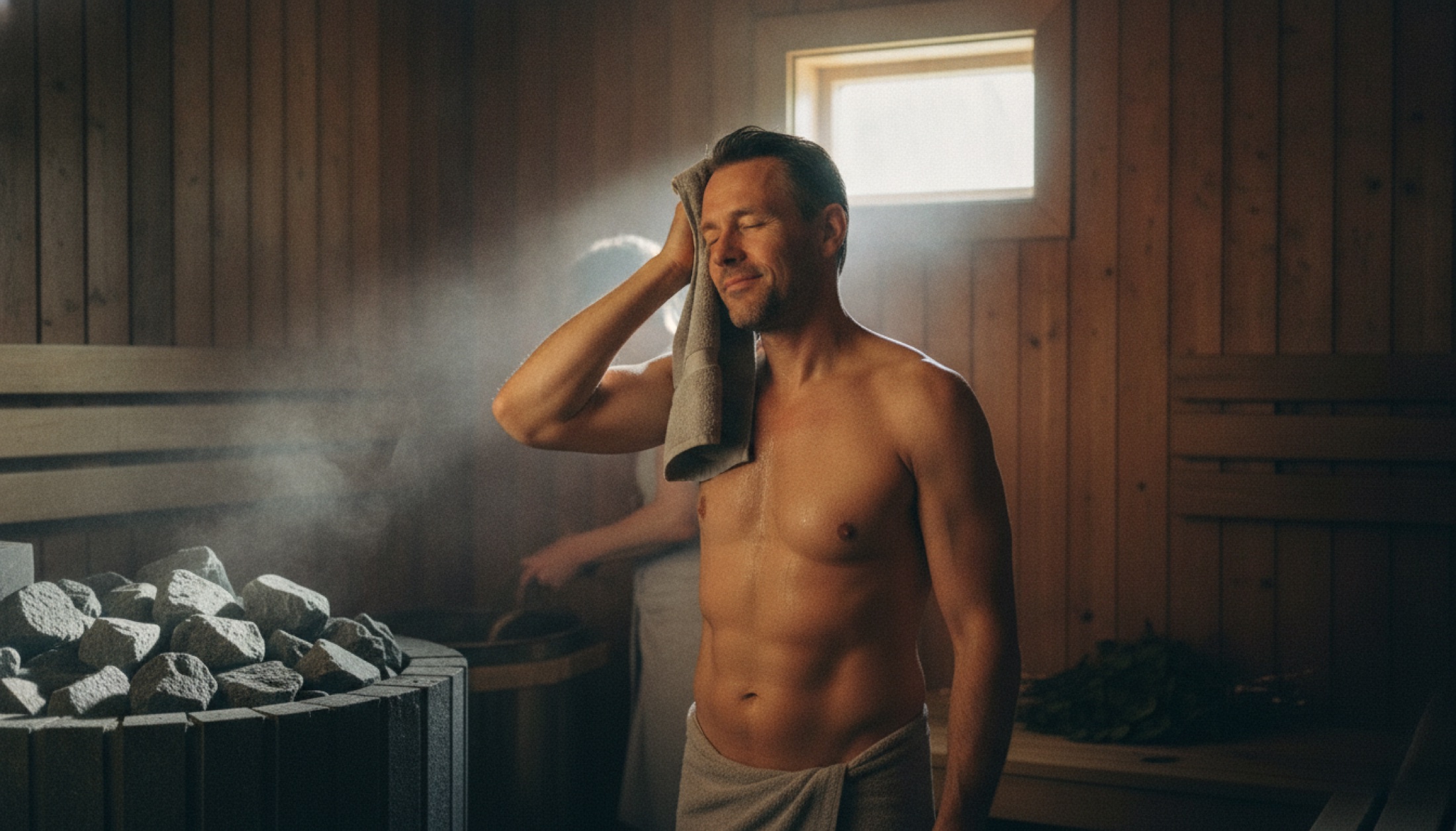 Boş ahşap sauna içi, pencereden süzülen doğal ışık