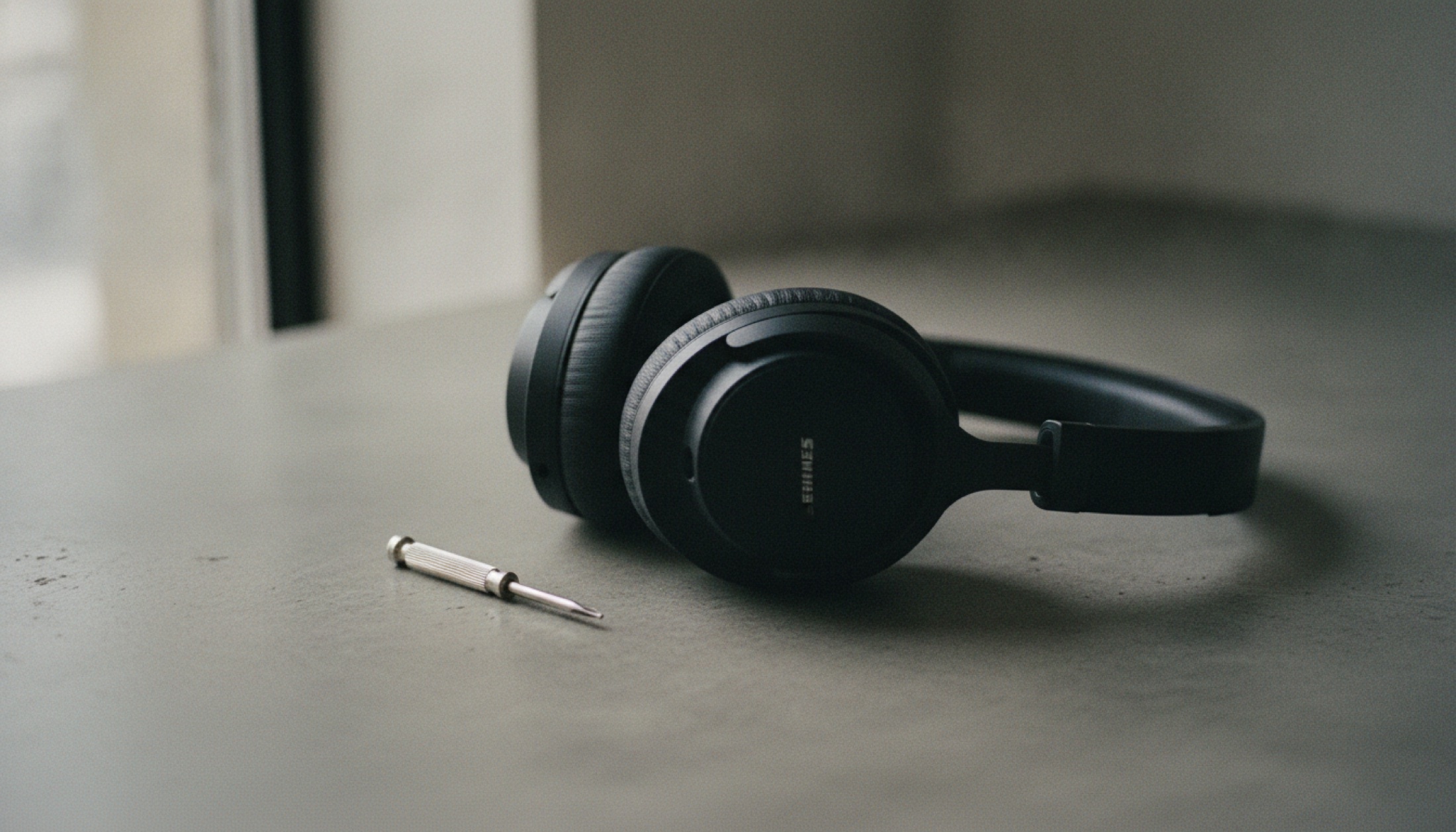 Sennheiser Momentum 5 Wireless kulaklık ve tornavida, beton yüzey üzerinde doğal ışıkta