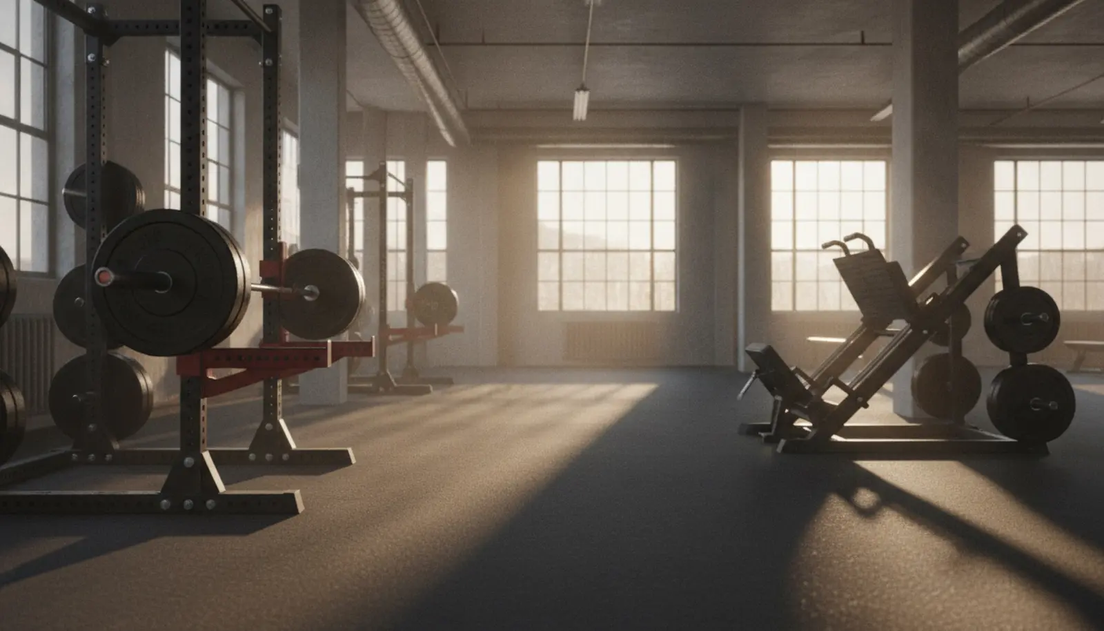 Şafak ışığındaki modern kuvvet salonunda solda olimpik barbell'li güç kafesi, sağda hack squat ve leg press makineleri; ikisi arasında boş bir geçit.