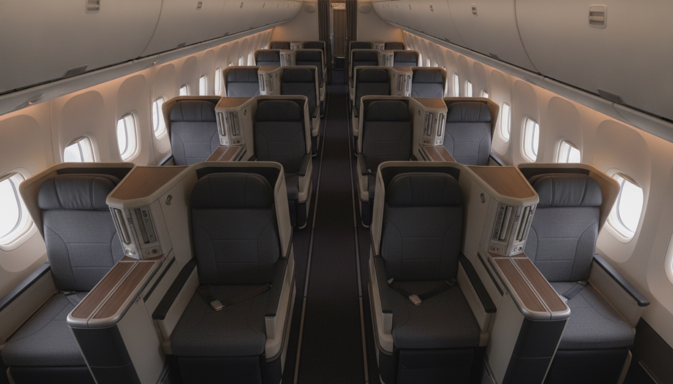 Uzun hat business class kabin içi — 1-2-1 düzende koltuklar, dolaylı ışıklandırma ve nötr ton döşeme