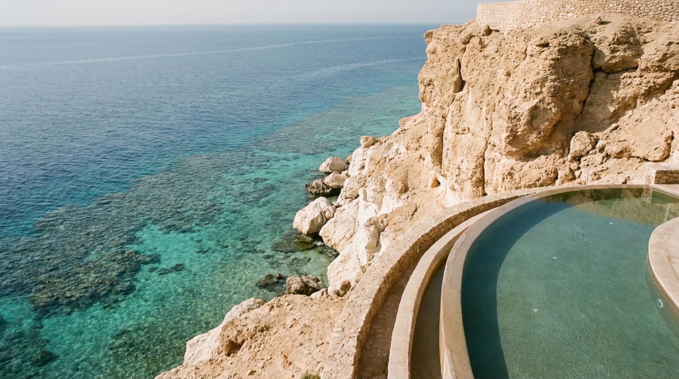 AMAALA kıyısında kireçtaşı kayalıklar üzerinde resort villası — Kızıl Deniz'in turkuaz mercan suları