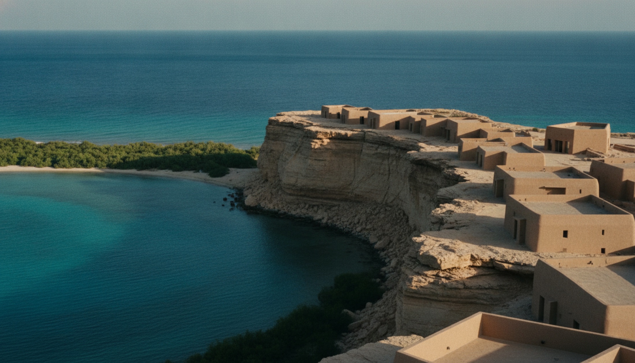 AMAALA destinasyonunda Six Senses resortunun çöl kayalıklarına yerleşmiş terası ve önündeki Kızıldeniz koyu