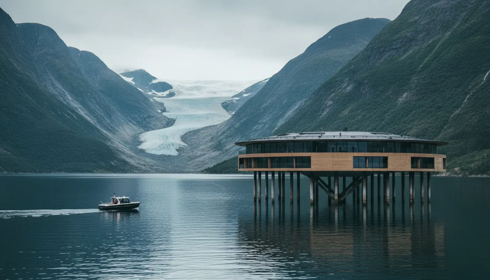 Norveç'in Holandsfjorden fiyortu üzerinde ahşap kazıklara asılı halka biçimli Six Senses Svart yapısı; arka planda Svartisen buzulu inen dağ yamaçları ve önde durgun fiyort suyunda yaklaşan küçük elektrikli tekne — kuzeyin gümüş ışığında