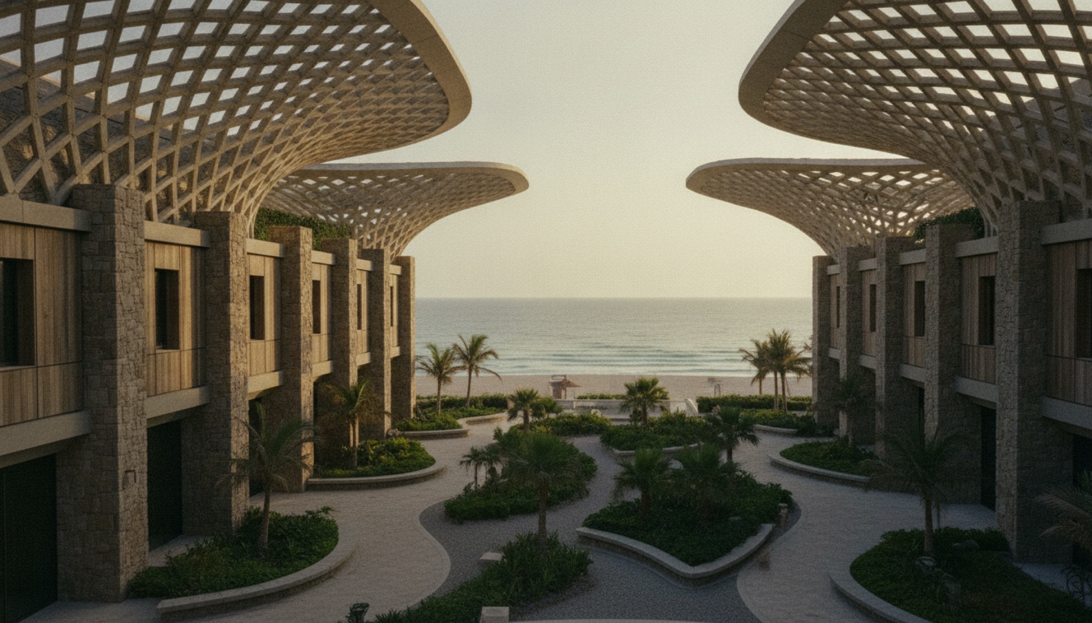 Palm Jumeirah'ın Batı Hilali'nde SAOTA tasarımlı Six Senses The Palm Dubai'nin mercan geometrili cephesi ve avlu bahçesi