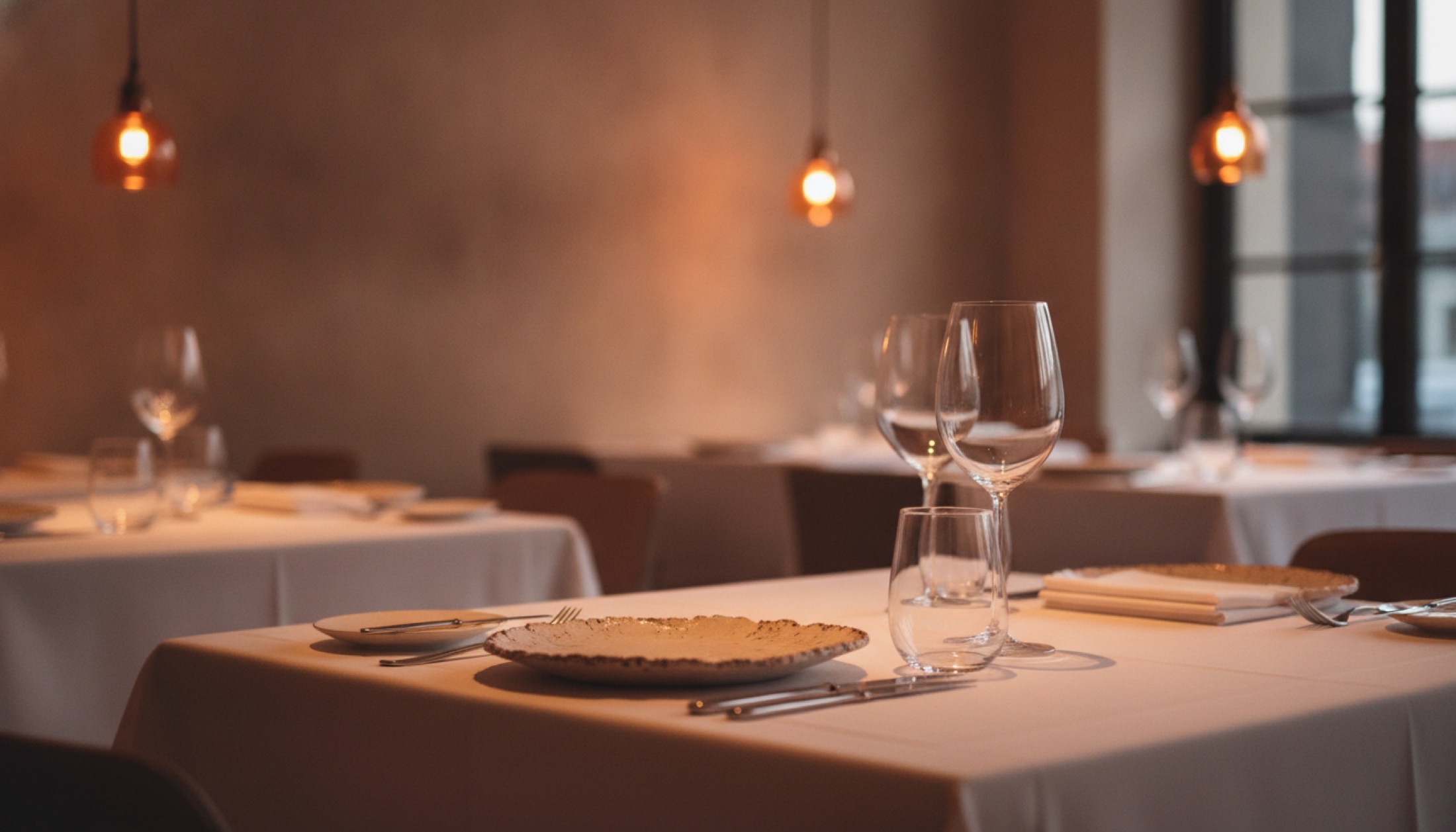 Sıcak ışıkla aydınlatılmış, boş masa düzeniyle fine dining mekanının iç mekanı