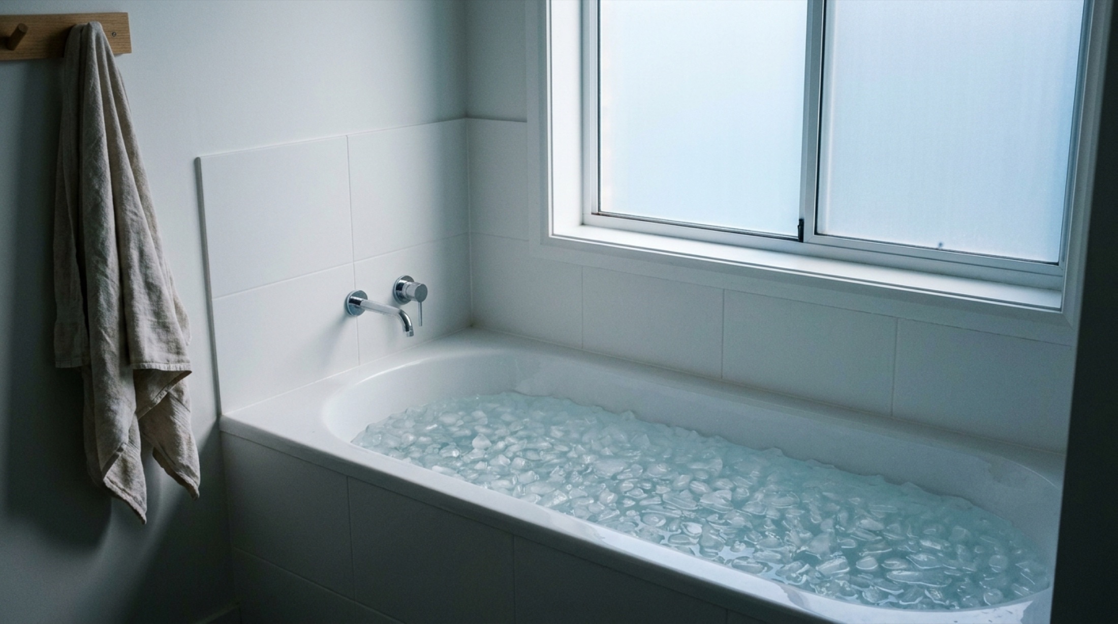 Buzlu soğuk suyla dolu beyaz küvet, minimalist banyo ortamı, serin ışık, temiz kompozisyon, insan yok.