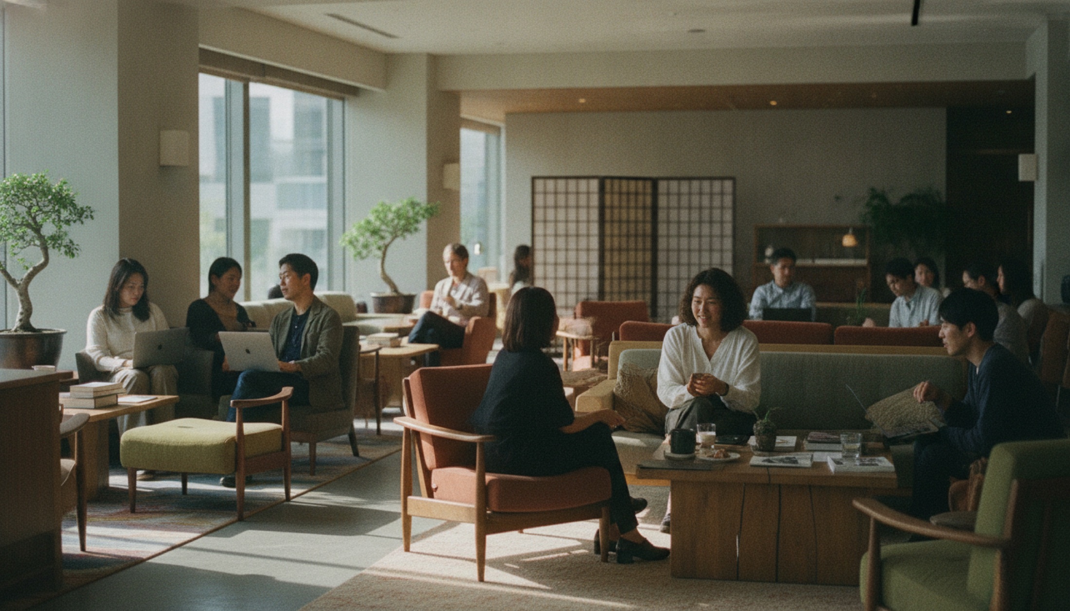 Tokyo'da Aoyama semtine özgü estetik dokunuşlarla dekore edilmiş, alçak ışıklı modern kulüp iç mekânı