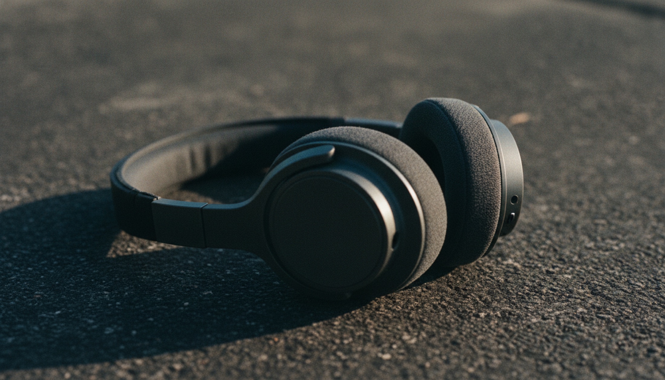 Gümüş renkli over-ear kulaklık, beton zemin üzerinde yan ışıkta