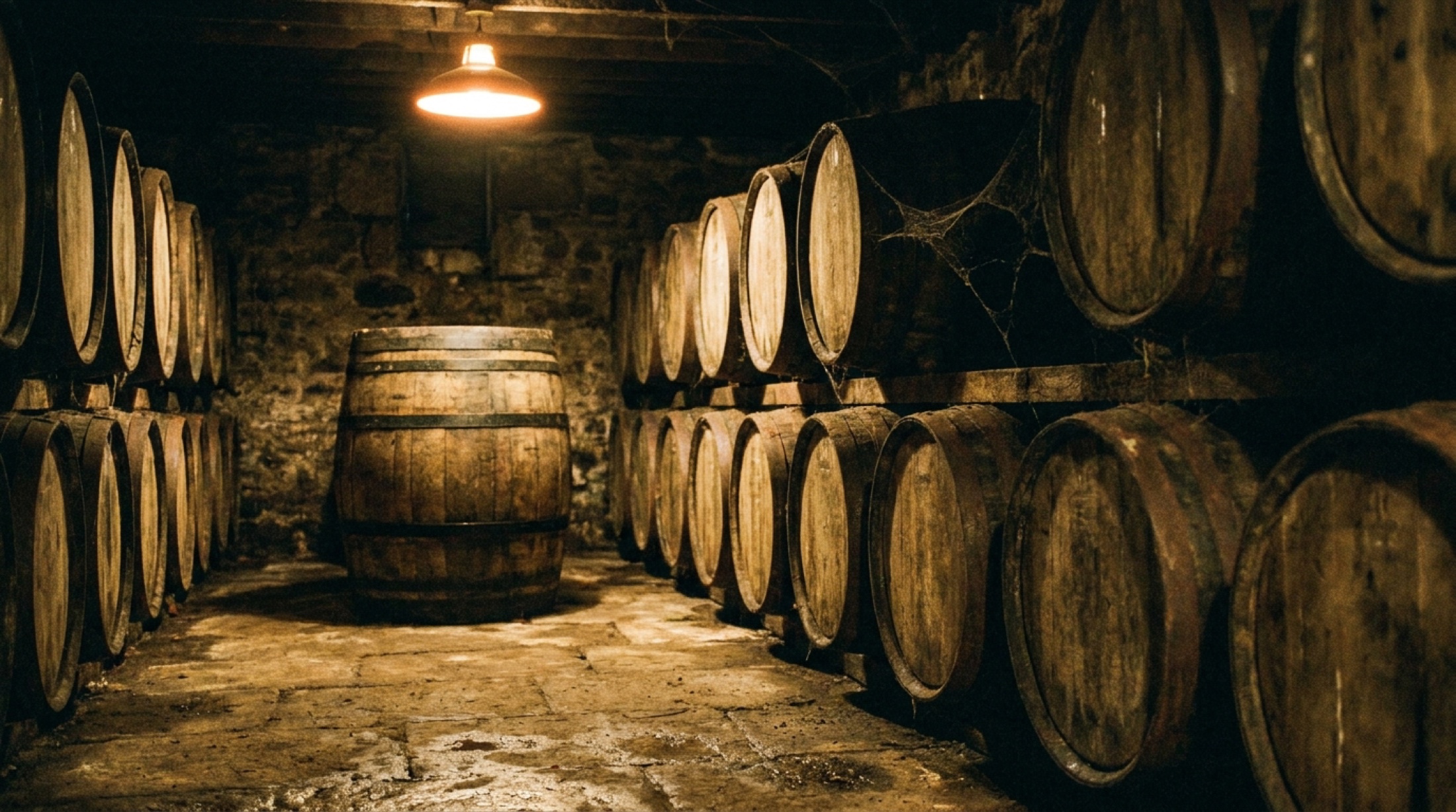Springbank damıtımevinin taş zeminli mahzeninde sıralı meşe fıçılar, tek bir ampulün sarı ışığında