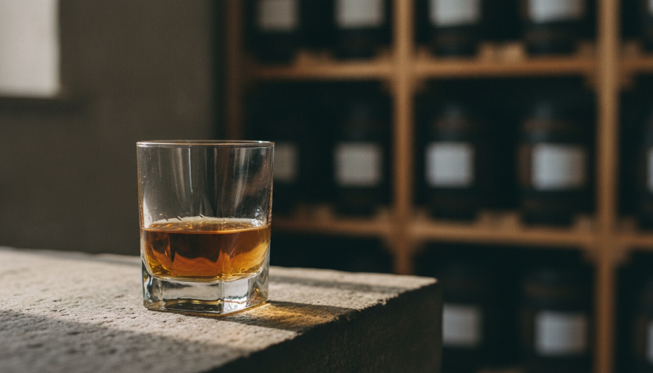 Taş zemin üzerinde bir kadeh amber renkli Highland single malt, arka planda bulanık fıçı depo rafları