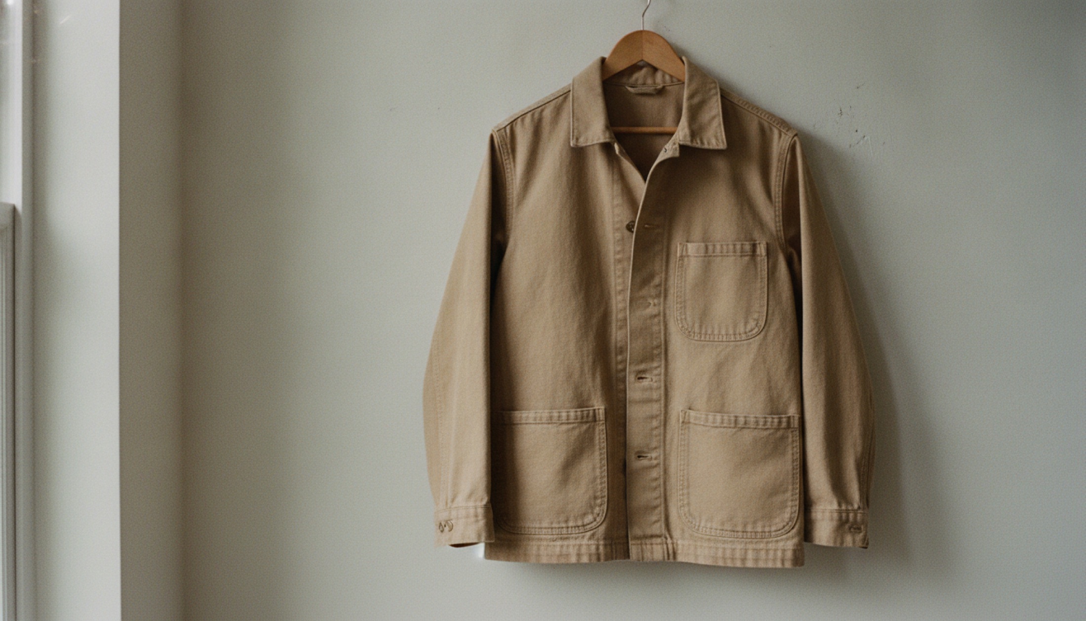 Sıva duvara asılmış workwear kesim chore jacket, yandan gelen doğal ışıkta