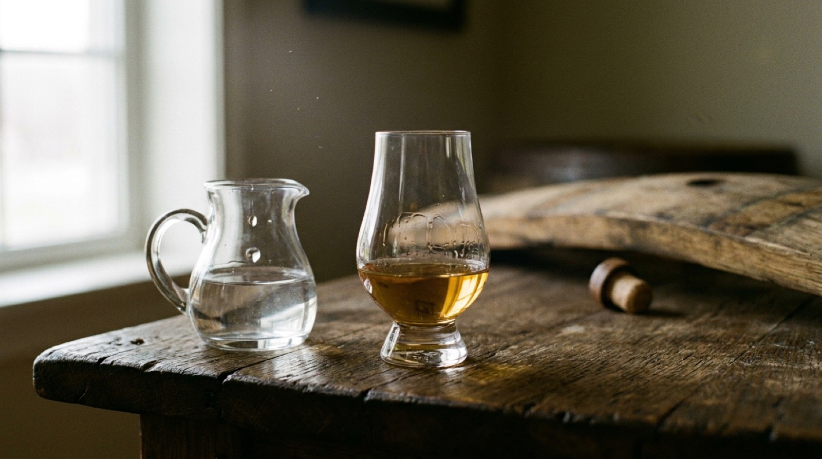 Tek bir kristal bardakta amber single malt viski, yanında küçük su sürahisi, koyu meşe masada doğal pencere ışığı