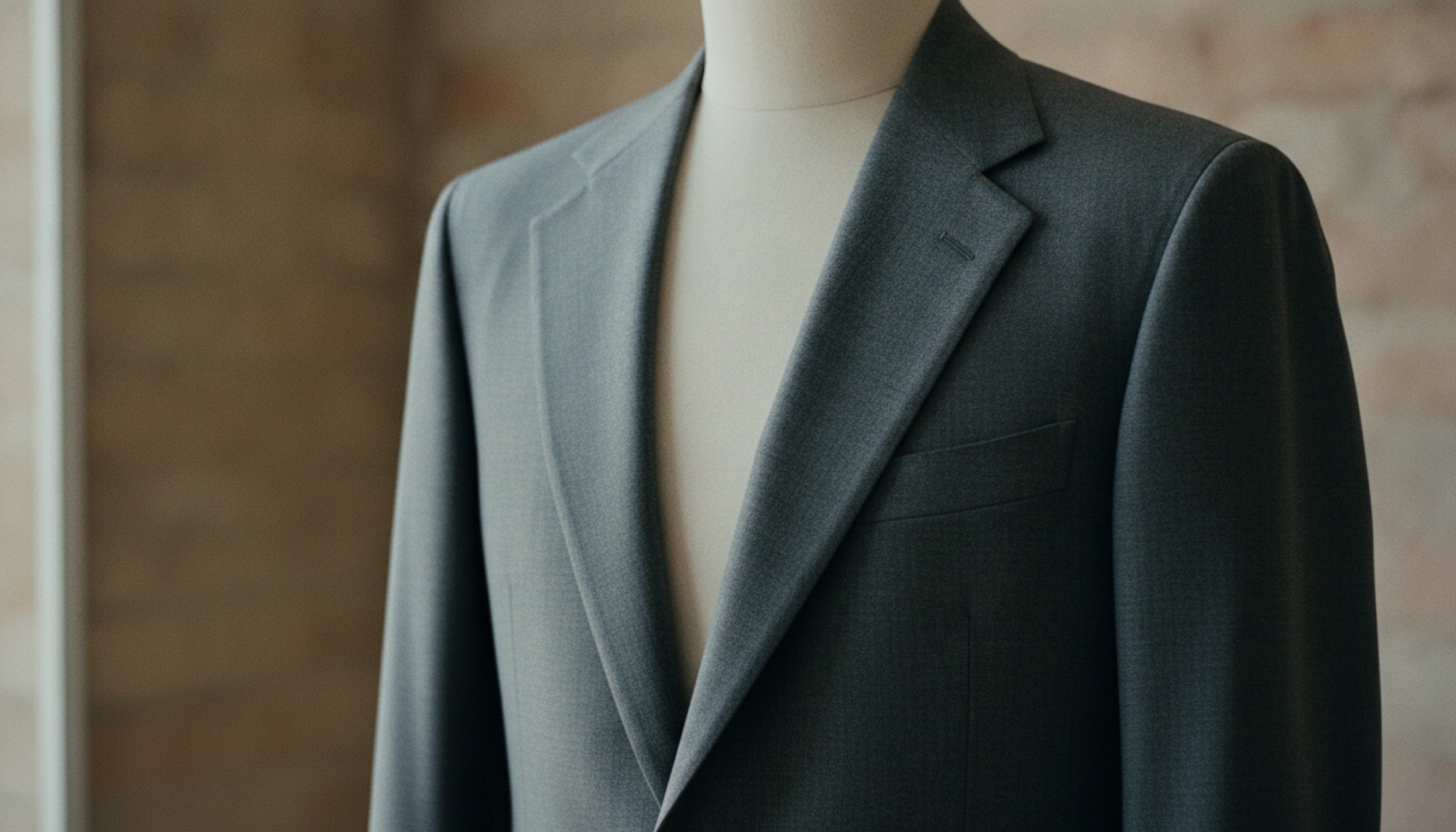 Orta gri worsted yün tek sıralı ceket, peak lapel geometrisini ön plana çıkaran stüdyo çekimi