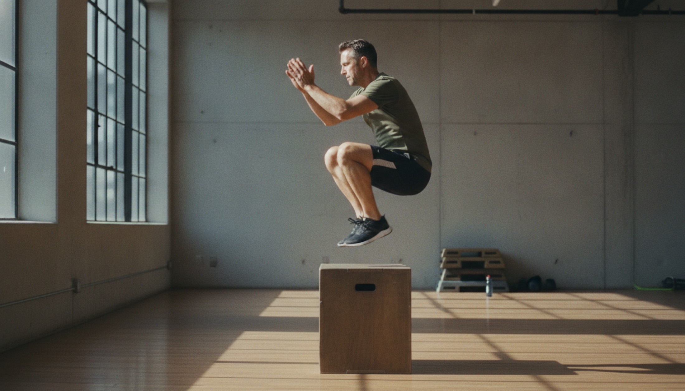 Orta yaşlı bir adam spor salonunda patlayıcı box jump hareketi yapıyor, doğal ışık
