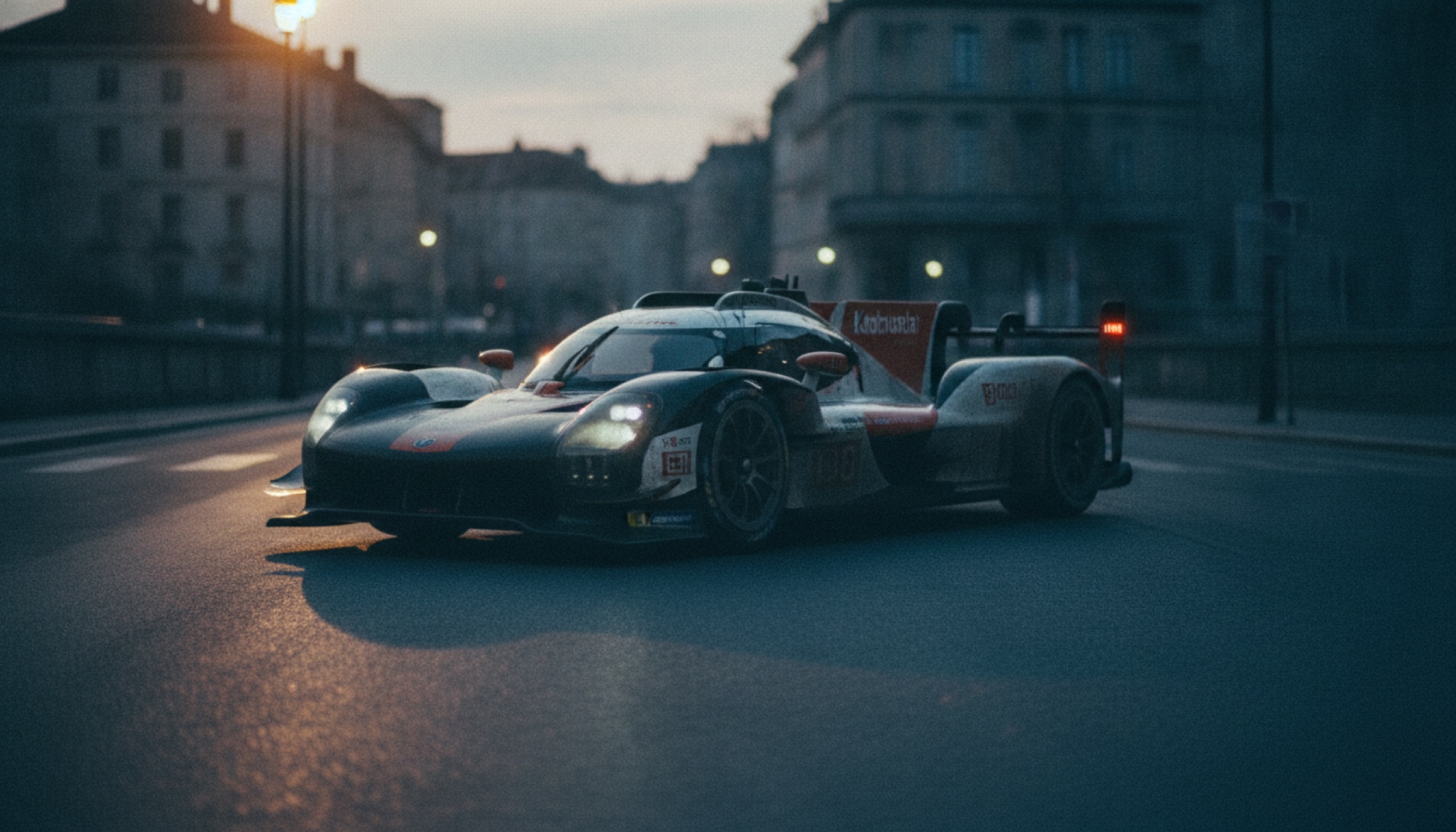 Le Mans 2026 yarışında alacakaranlıkta sürat hâlinde bir hypercar, hareket bulanıklığı ve dramatik gökyüzü