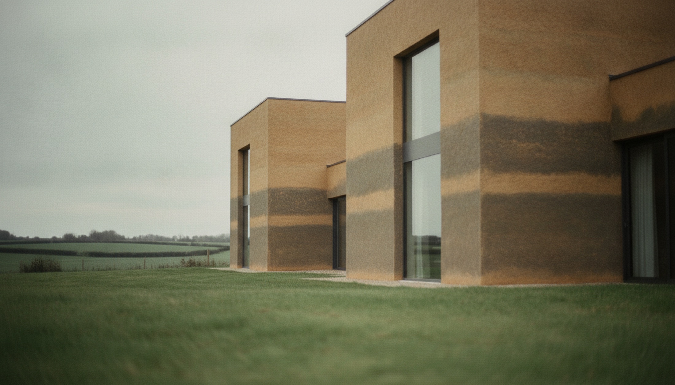 Tuckey Design Studio'nun Wiltshire'daki Rammed Earth House projesi, sıkıştırılmış toprak duvarlar ve kırsal peyzaj