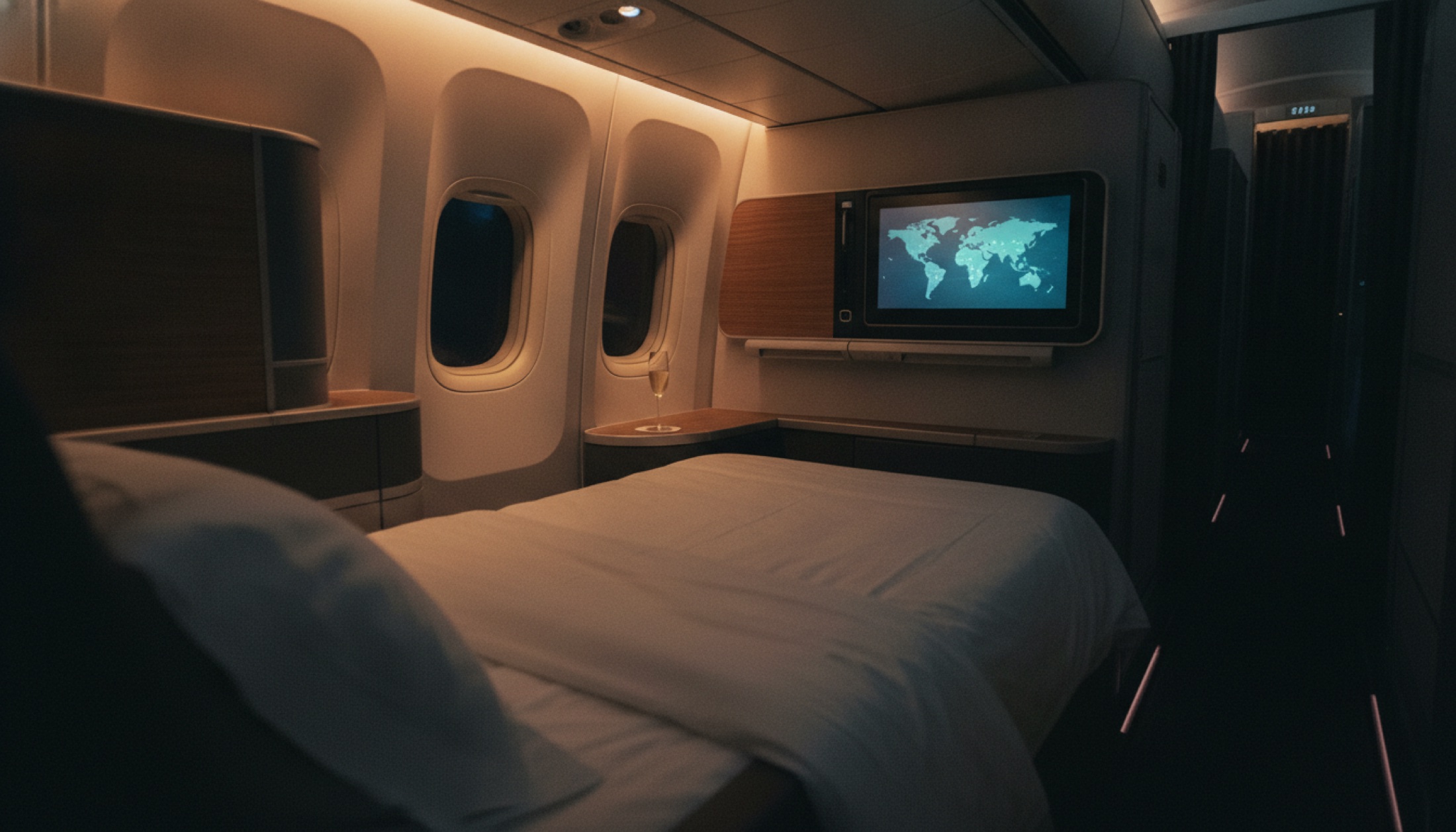Uzun gövde uçağın business class süitinde gece ışıkları; düz yatak ve geniş ekran