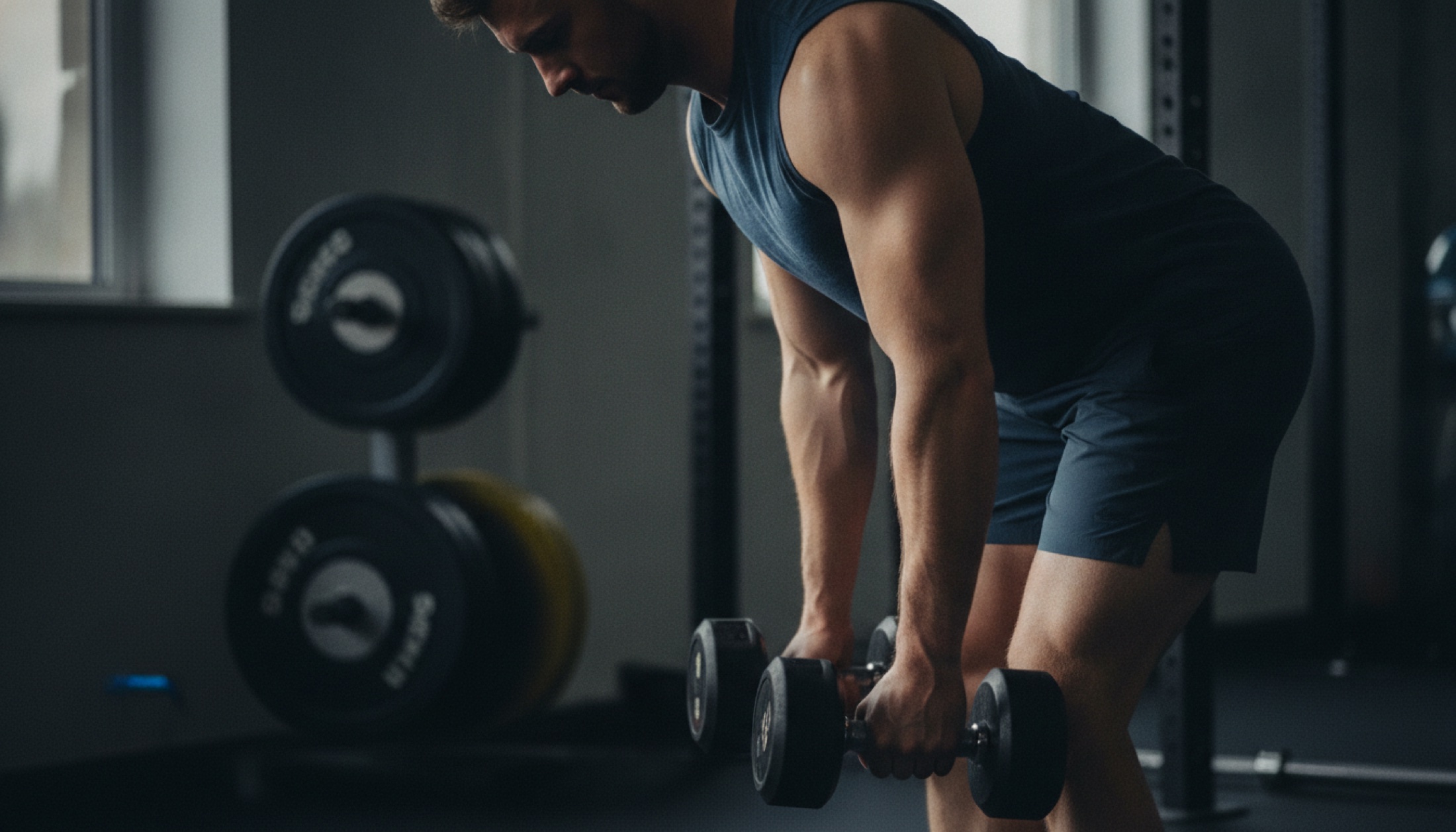 Bir adam spor salonunda dambılla Romanian deadlift hareketinin alt pozisyonunda, arka kasları tam gerilmiş durumda kontrollü bir duruş sergiliyor.