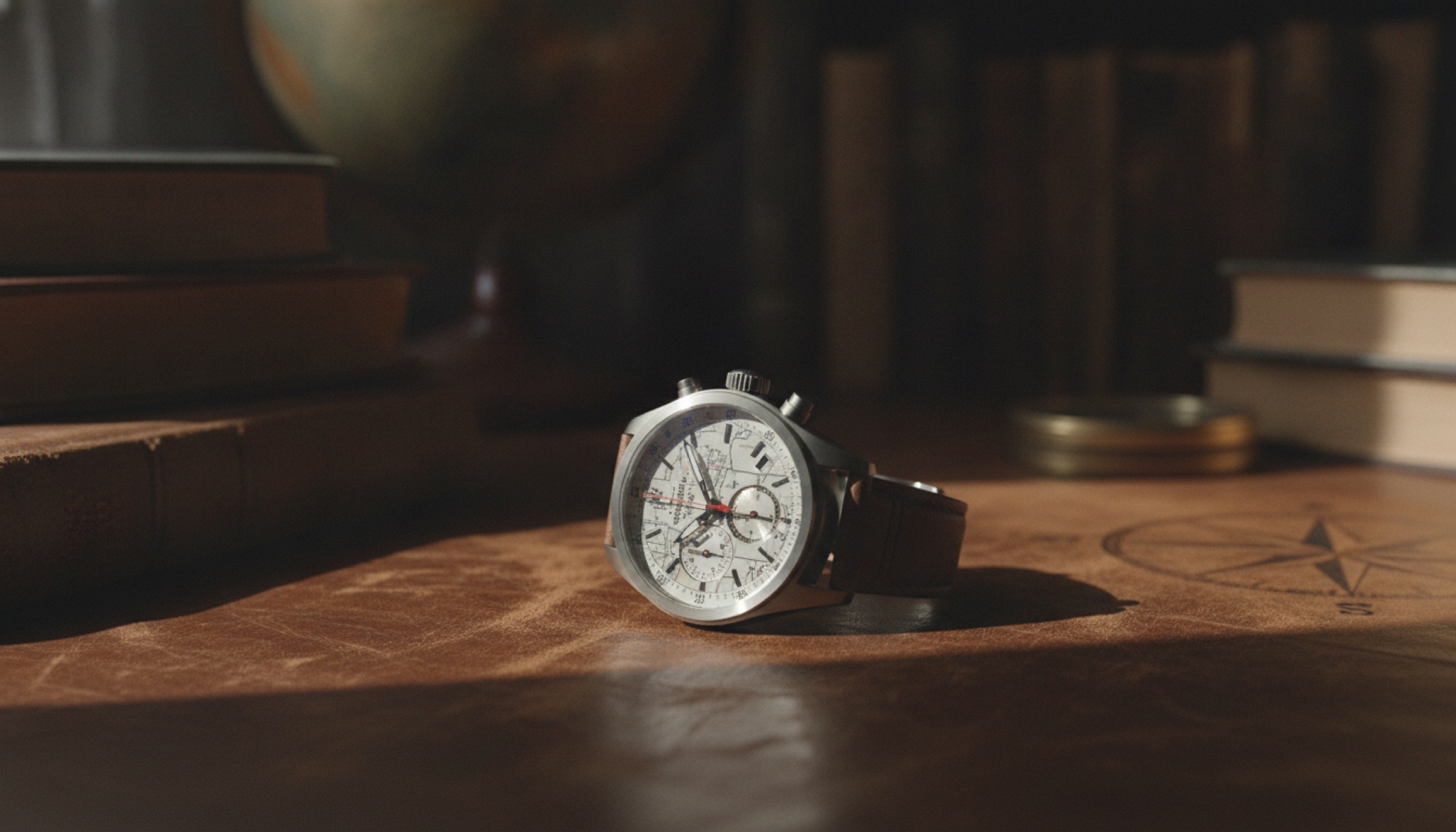 Vacheron Constantin Overseas Dual Time Cardinal Points titanyum kasa, yeşil kadran, doğal ortamda seyahat saati detayı
