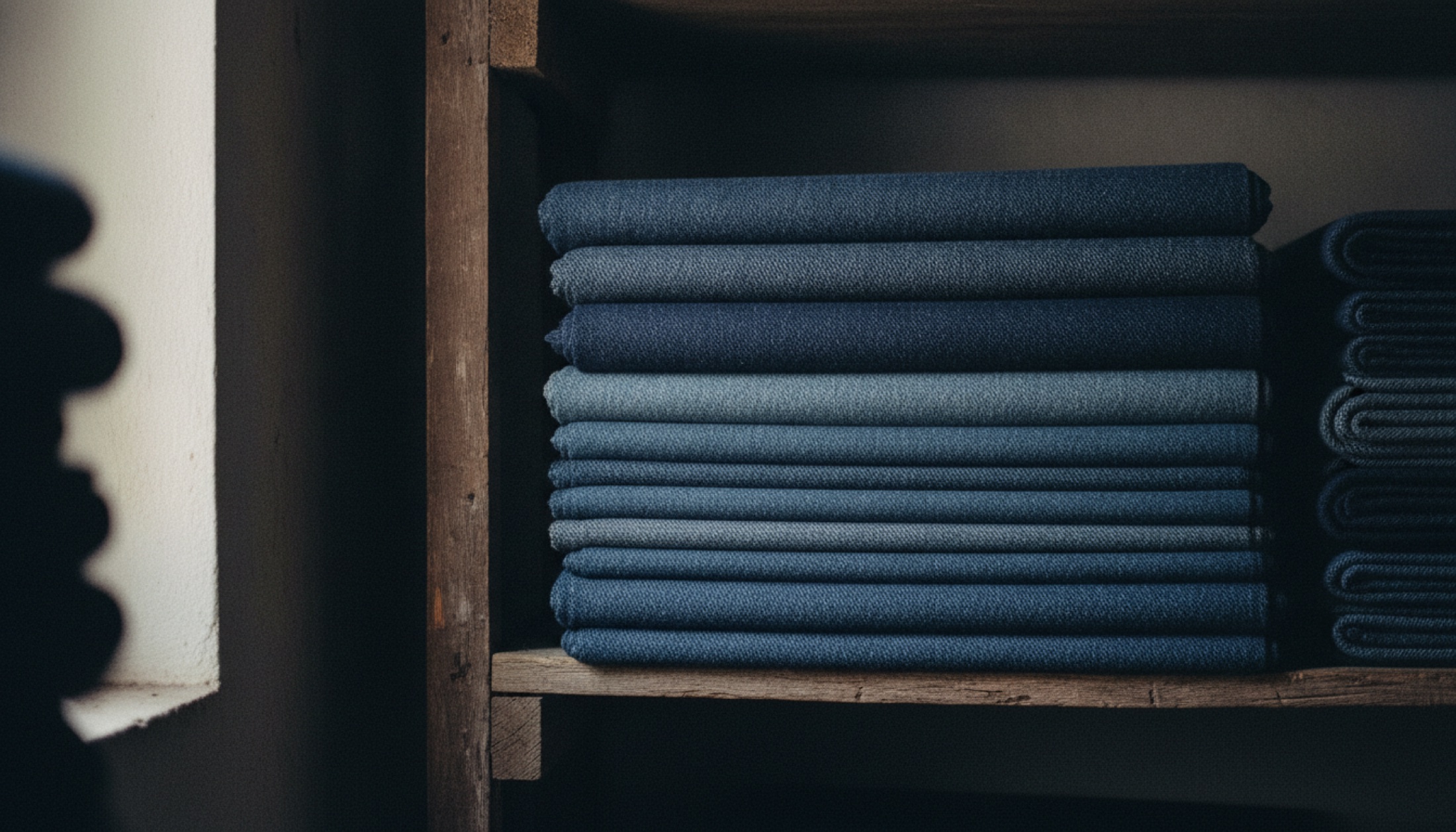Vitale Barberis Canonico yün denim kumaş topları eski bir Biella dokumahane rafında