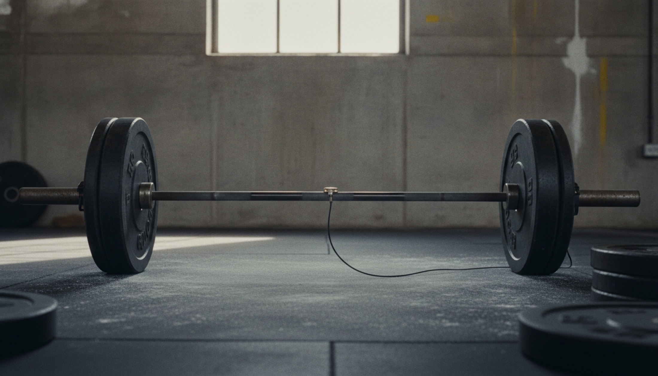 Boş bir spor salonunda barbele takılı hız sensörü kablosu ve yüklü plakalar, yüksek pencereden giren doğal ışık